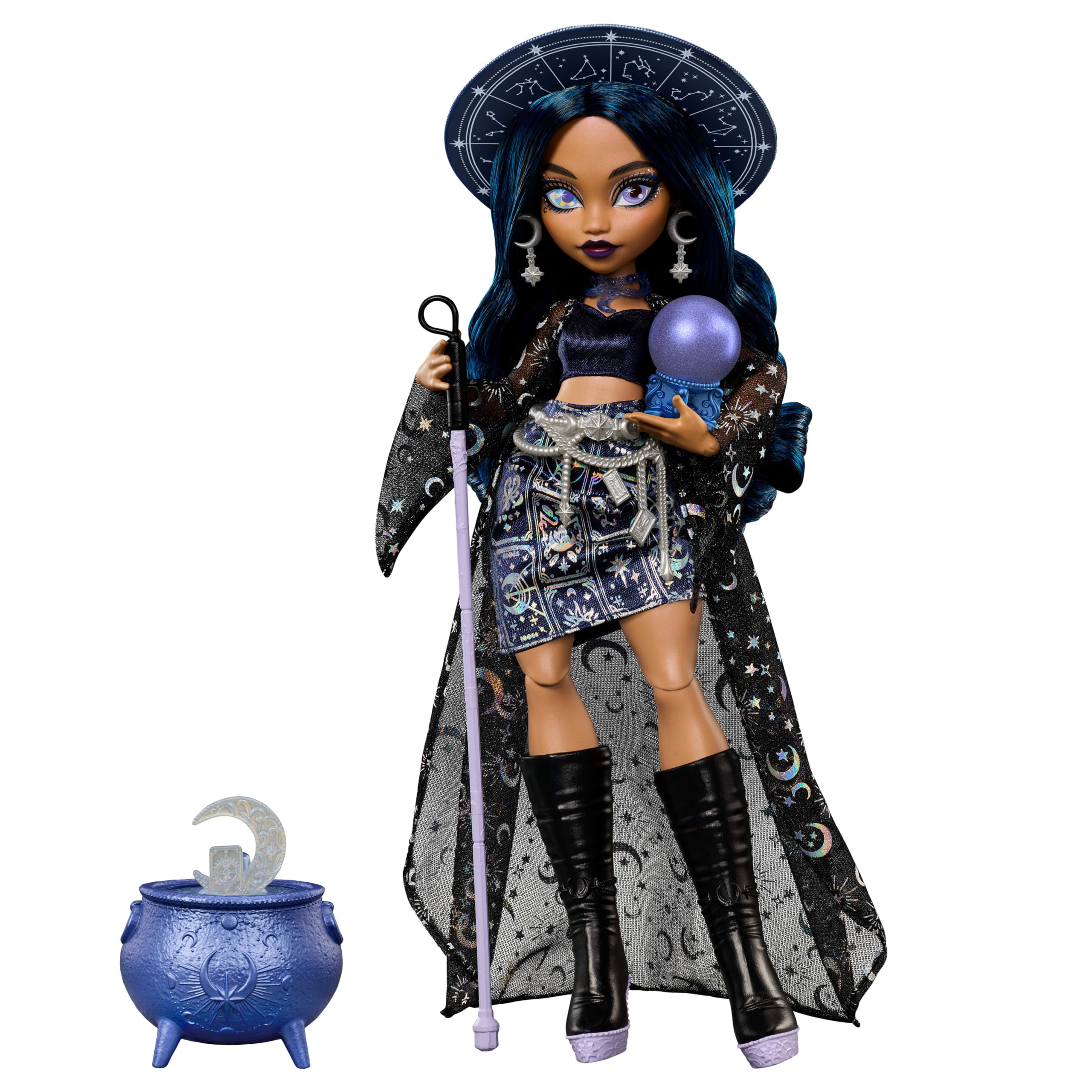 Monster High Puppe, Moonspell Magic by Wahrsager-Hexe Claire De Luna mit Überraschung im Kessel und Zubehörteilen wie eine Kristallkugel, JMB89