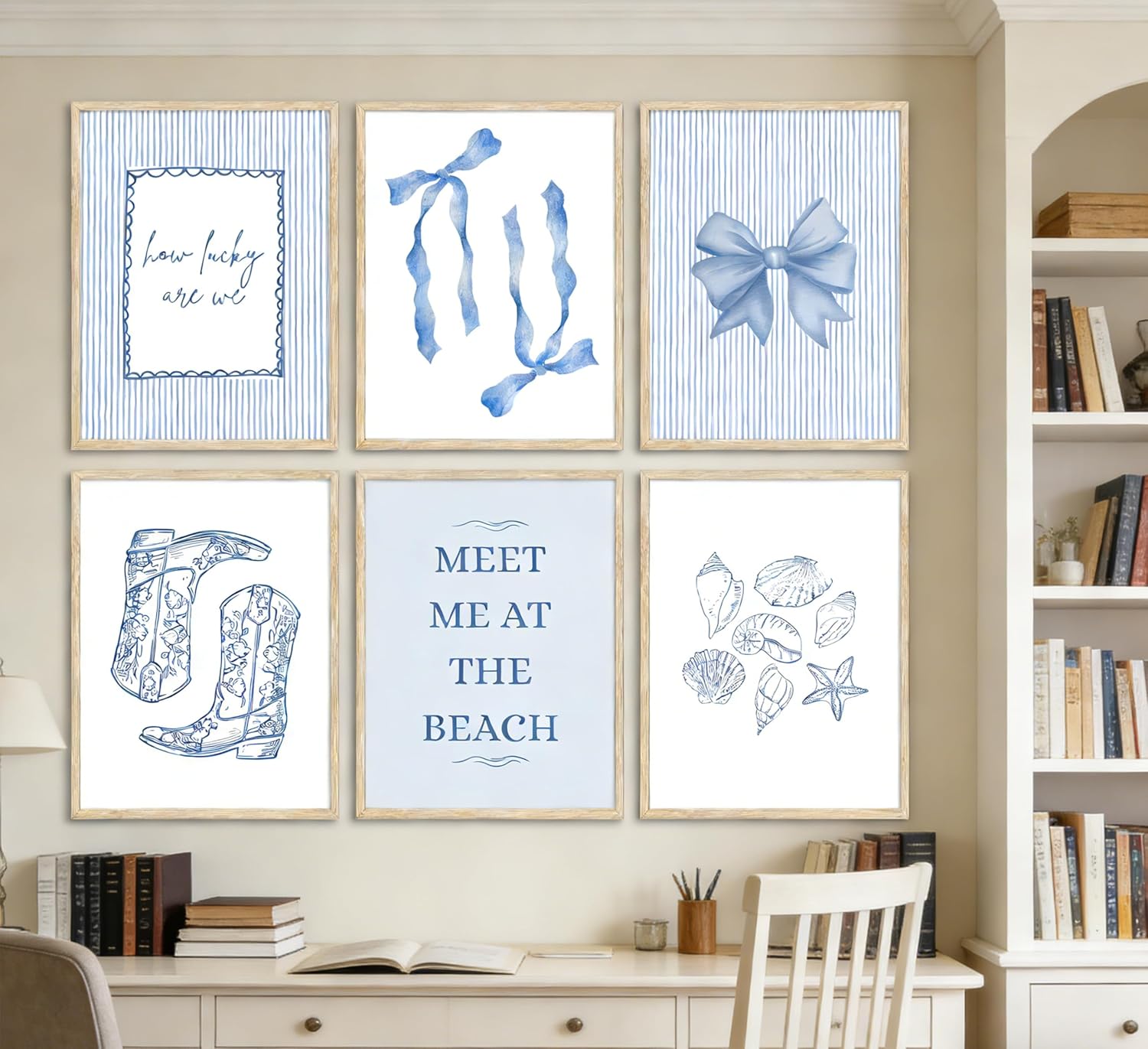 6pcs Blue Coastal Wall Art Coquette Boots Western Blue Bow seashell Preppy Wall Decor Meet Me At The Beach Poster Print Artwork for Girl Dorm Apartment Home Decoration Unframed