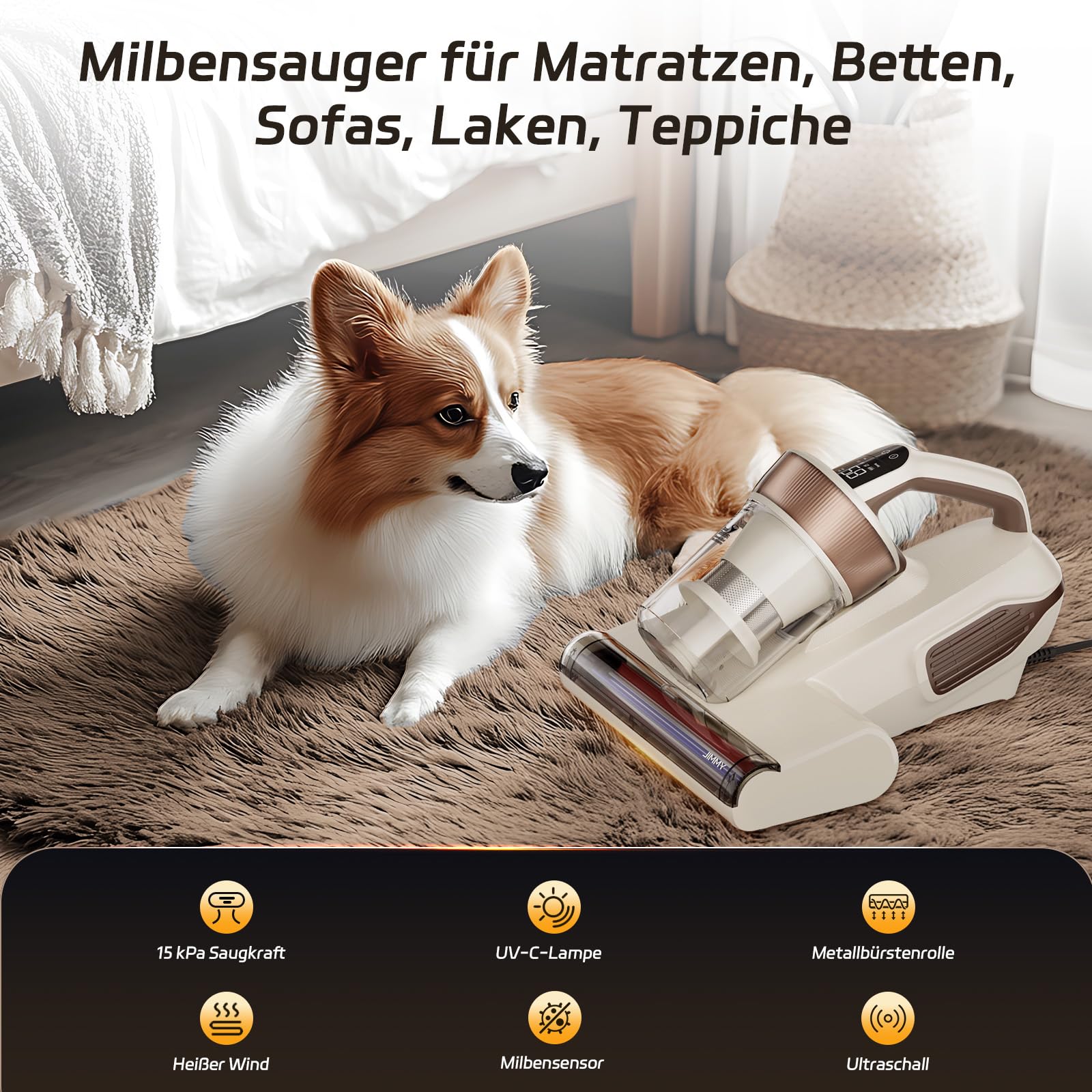 Jimmy BX6 Lite Milbensauger 15kPa Matratzensauger mit Staubsensor Heißluftfunktion UV-C Licht