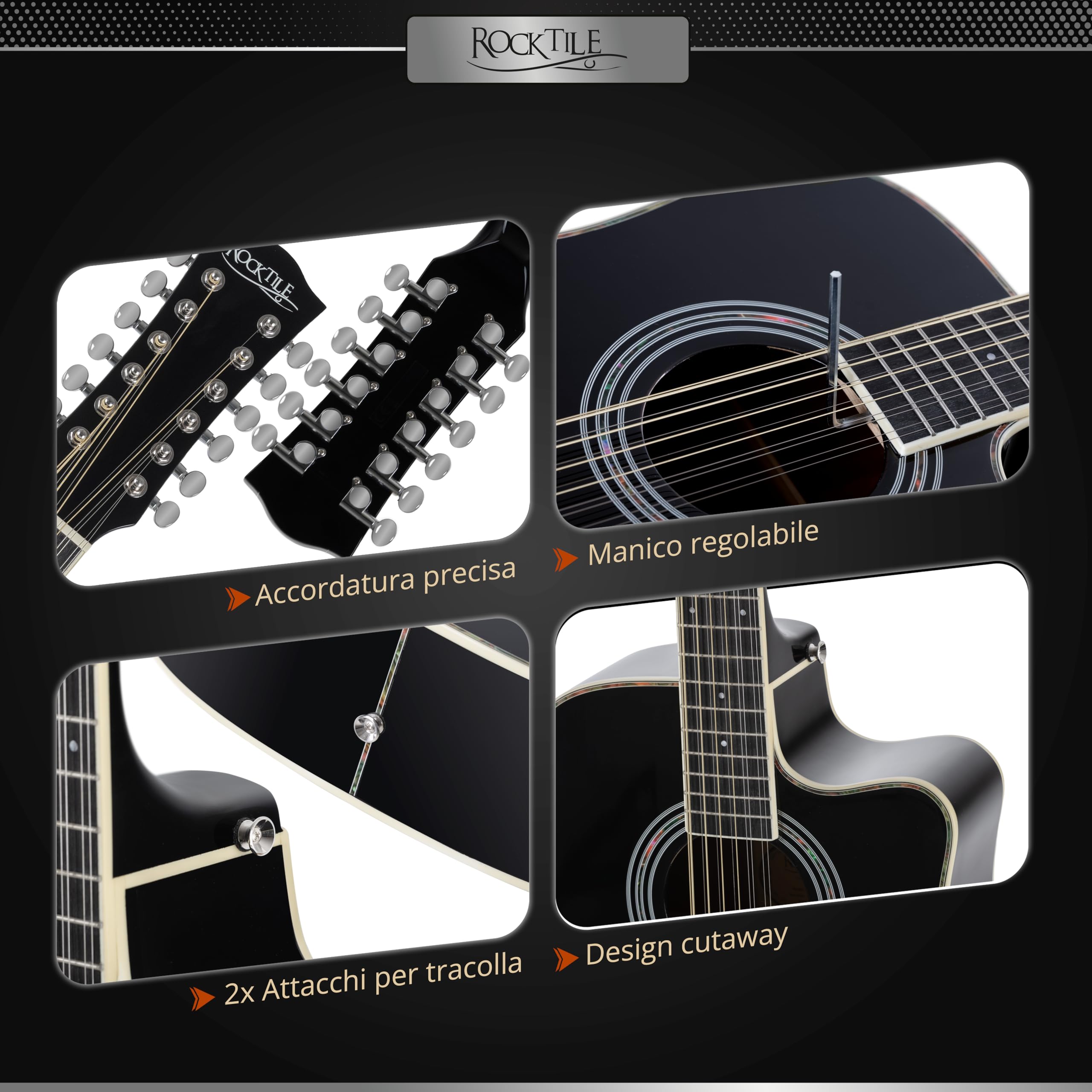 Rocktile WSD12-50C-BK Chitarra Western Nera, Allgemein, Peso: 2, 36 kg | Modell: WSD12-50C-BK, 36 kg, Numero di corde: 12, Orientamento: Destrimano, Korpus, Forma corpo: Dreadnought con Cutaway