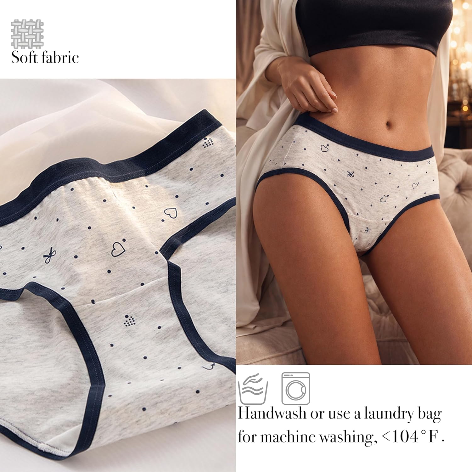 Cute Cartoon Cotton Womens Underwear for Women 5 Packs Panties Kawaii Bear Bow Stripes Polka Dots Heart-Print