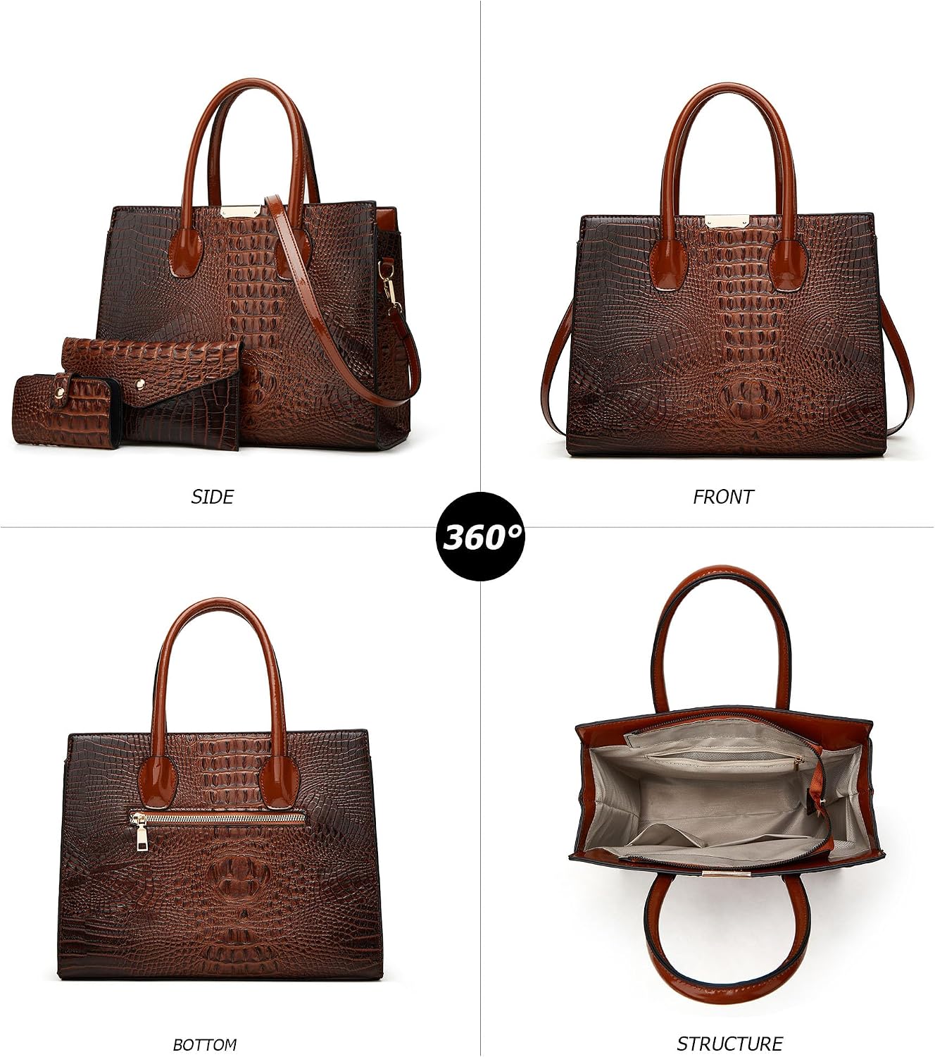KingTo Women's Bag 3 Pcs Set Luxury Crocodile Pattern Tote Handbag Vegan Leather Wallet Card Top Handle Satchel Purse Set