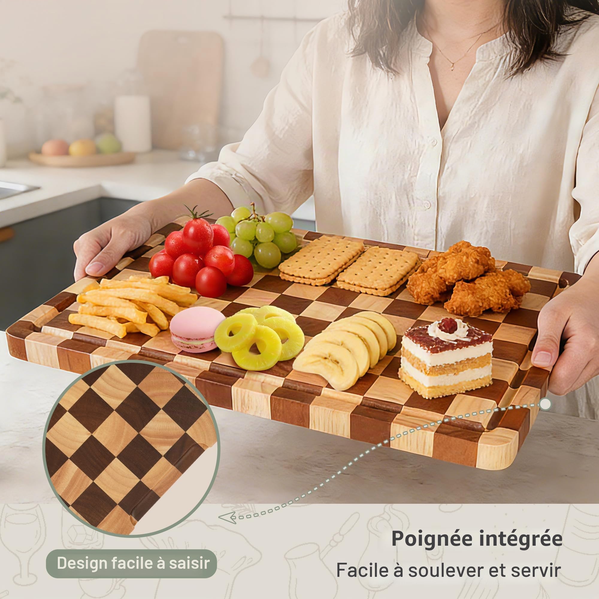 Planche à Découper en Bois Motif Damier, Lot de 3 avec Support, Planches à Découper avec Rainure d'Écoulement et Poignée, pour Viande, Légumes et Fromage