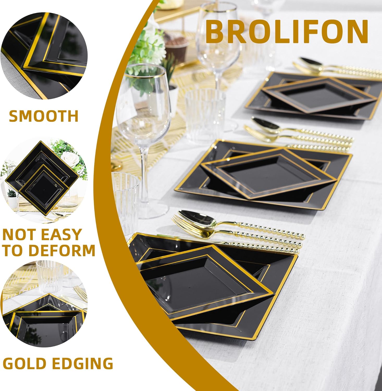 80pcs Black Plastic Plates With Gold Rim, Square Disposable 9.5inch Dinner Plate and 6.5inch Dessert Plates for Party, Wedding and Birthday