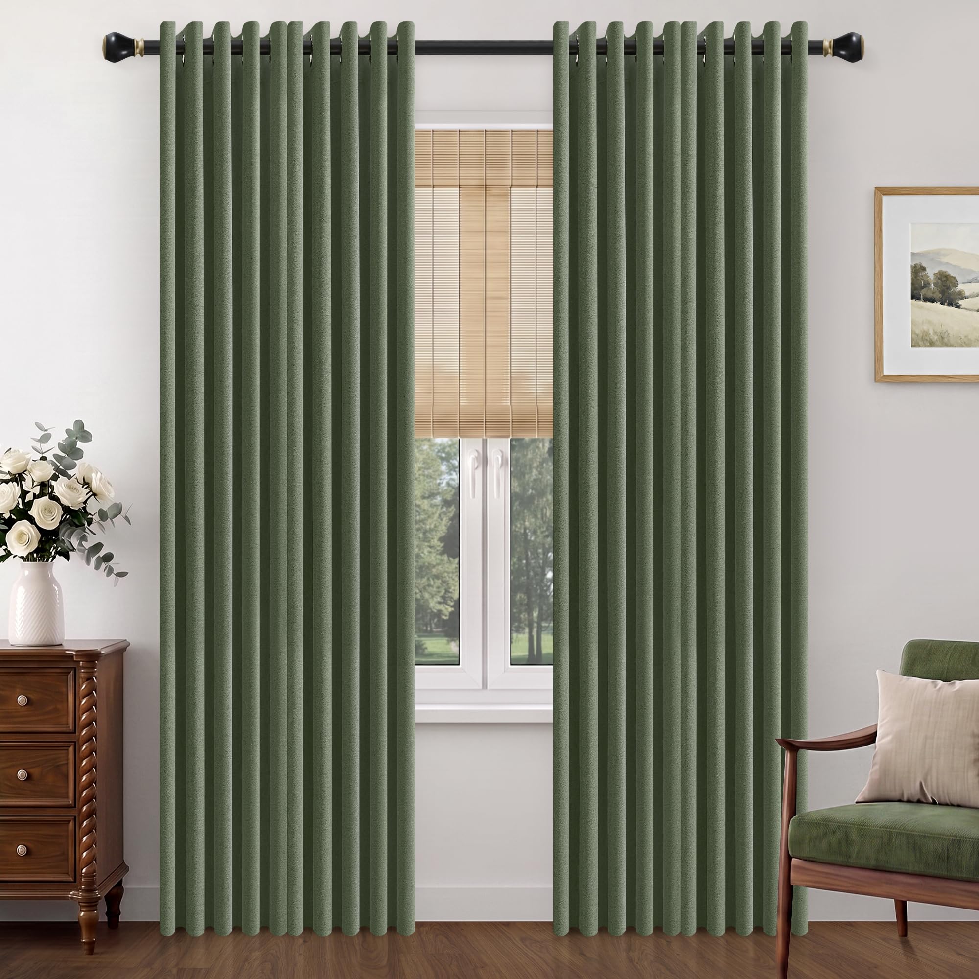 100% Blackout Curtains Eyelet Olive Green Linen Curtains 66"Wx84"L 2 Panels