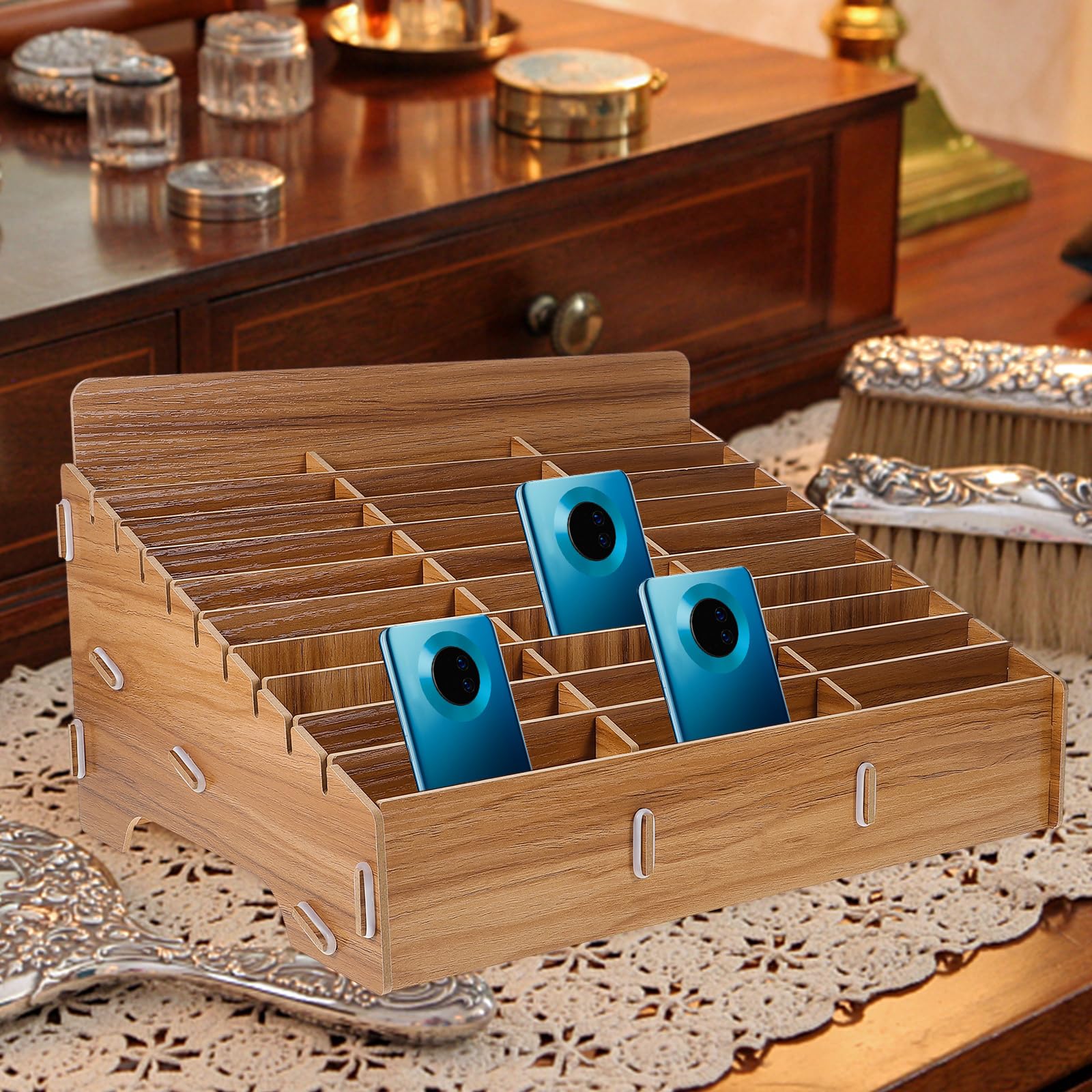 Operitacx Holz Aufbewahrungsbox Für Handy Mit Fächern Multifunktionale Organisation Für Büro Schule Und Zuhause 7.3X9.3X7.3 Zoll Desktop Handyhalter Und Zubehör Ordnung