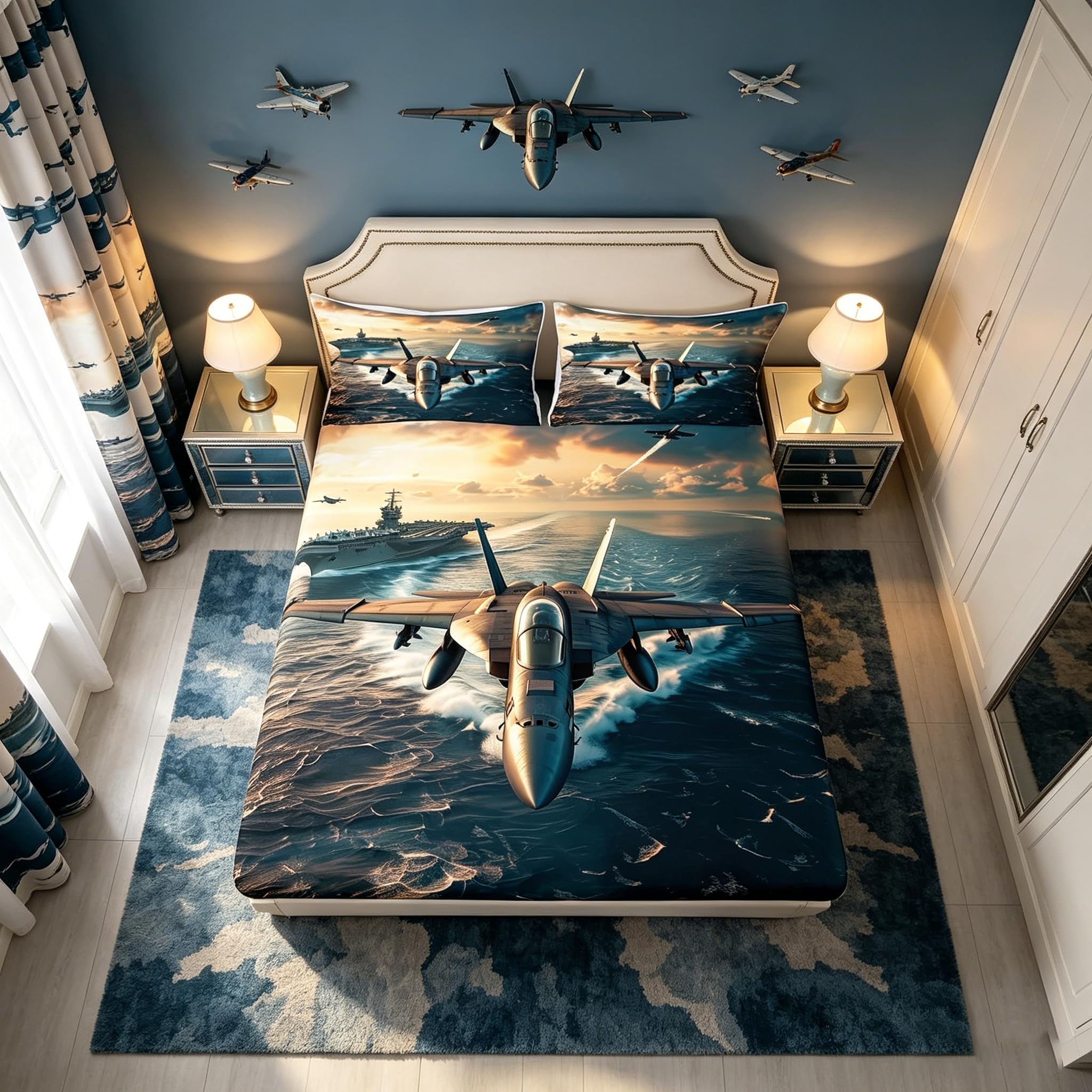 Drap-housse moderne motif avion de chasse coucher de soleil