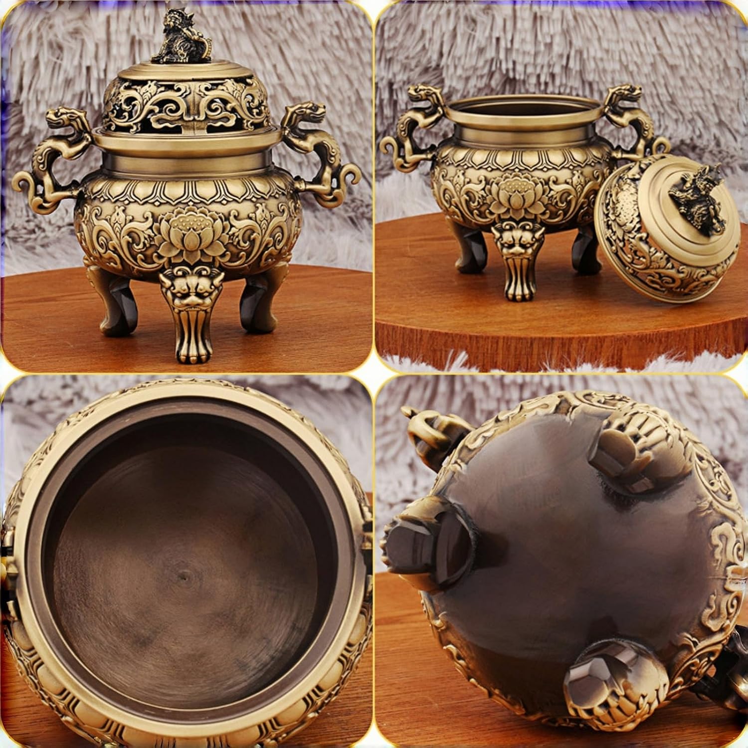 Brass Chinese Incense Burner with Lion Lid - Handmade 670g Feng Shui Censer, Oriental Decor Incense Censer for Zen Meditation Altar, 5.5 Inch Wide Mouth Solid Brass Incense Burner Gift Idea