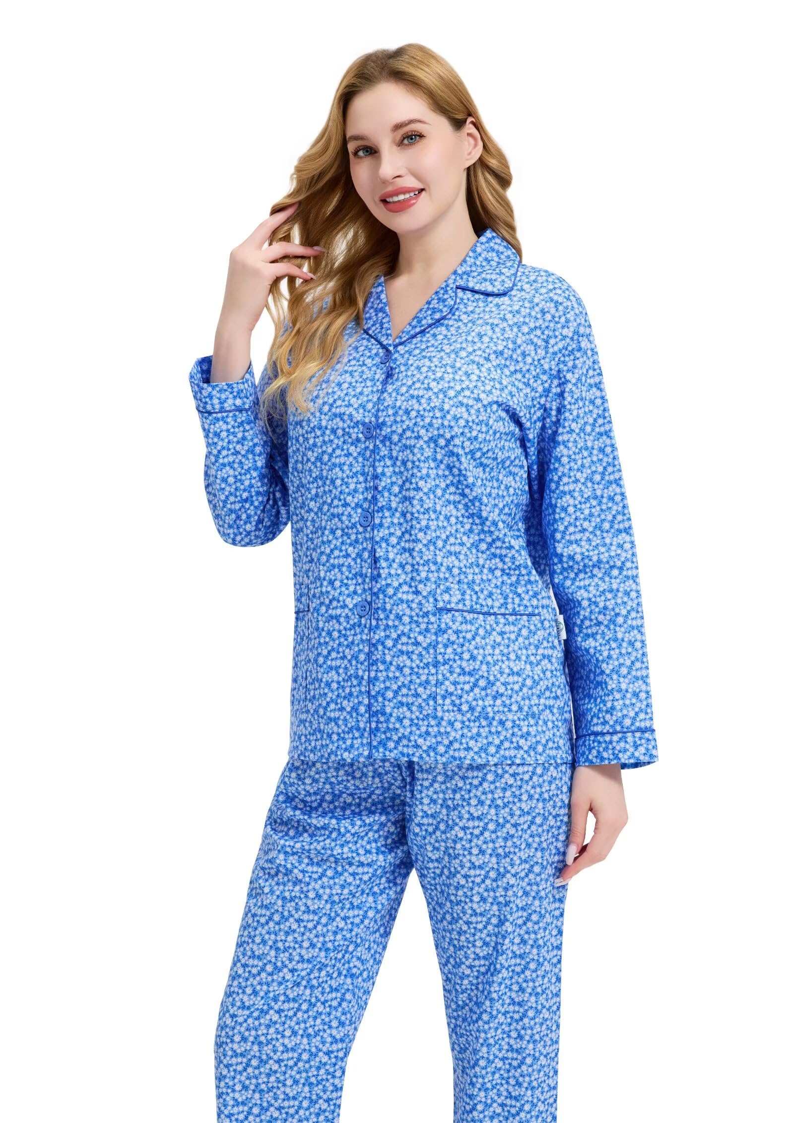 GLOBAL Conjunto de Pijama de Mujer 100% Algodón Floral de Manga Larga con Botones para Mujer Ropa de Dormir con Cordón Ropa de Dormir Suave y Transpirable Conjunto de Pijama de Mujer PJS