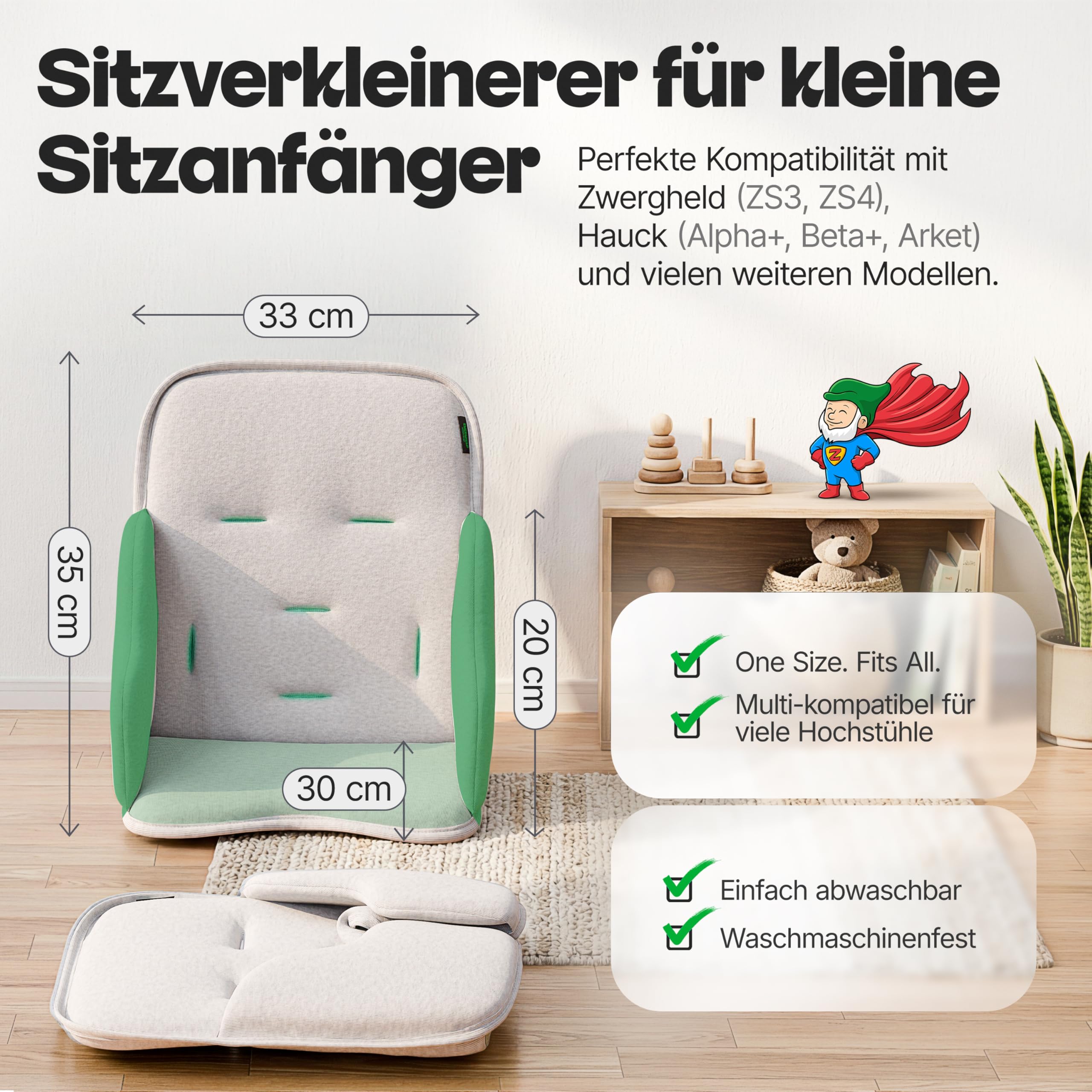 GripSeat Sitzverkleinerer für Babys ab 6 Monaten, kompatibel mit Hauck Alpha+, Beta+, ZS3, ZS4, mit stabilisierten Seiten (light-grey)