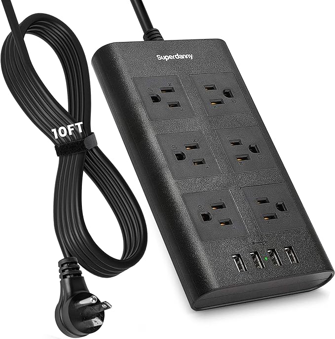 Power Strip Surge Protector, SUPERDANNY Flat Plug 10 Ft