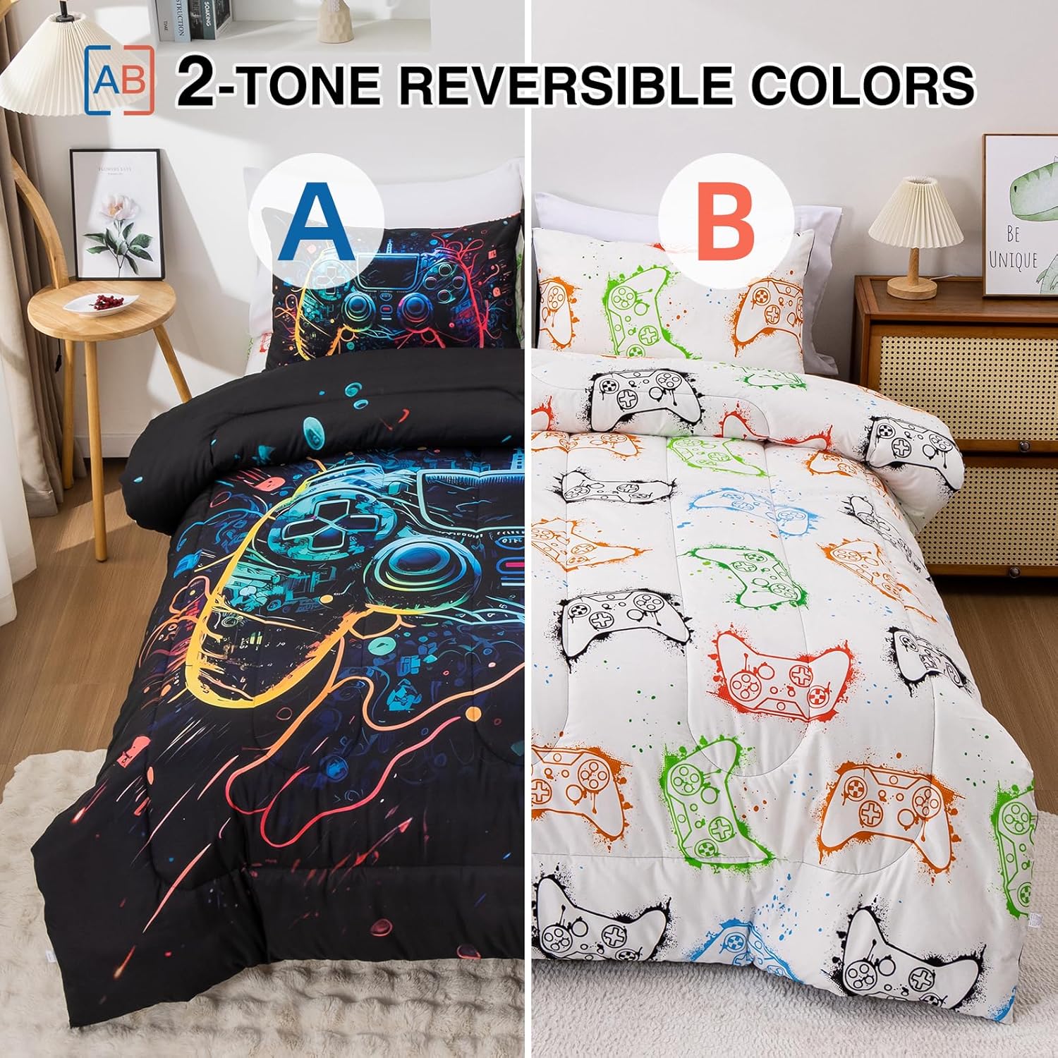 A Nice Night Boys Twin Size 5-Piece Game Console Comforter Set, for Kids Teen 3D Colorful Background Space Universe Gamepad Gaming Printed Matching Sheet Sets - Image 2