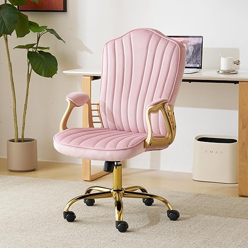 Silla de oficina en casa de terciopelo con brazos y patas dorados, cómoda silla de escritorio giratoria tapizada y capitonada, cómoda con ruedas