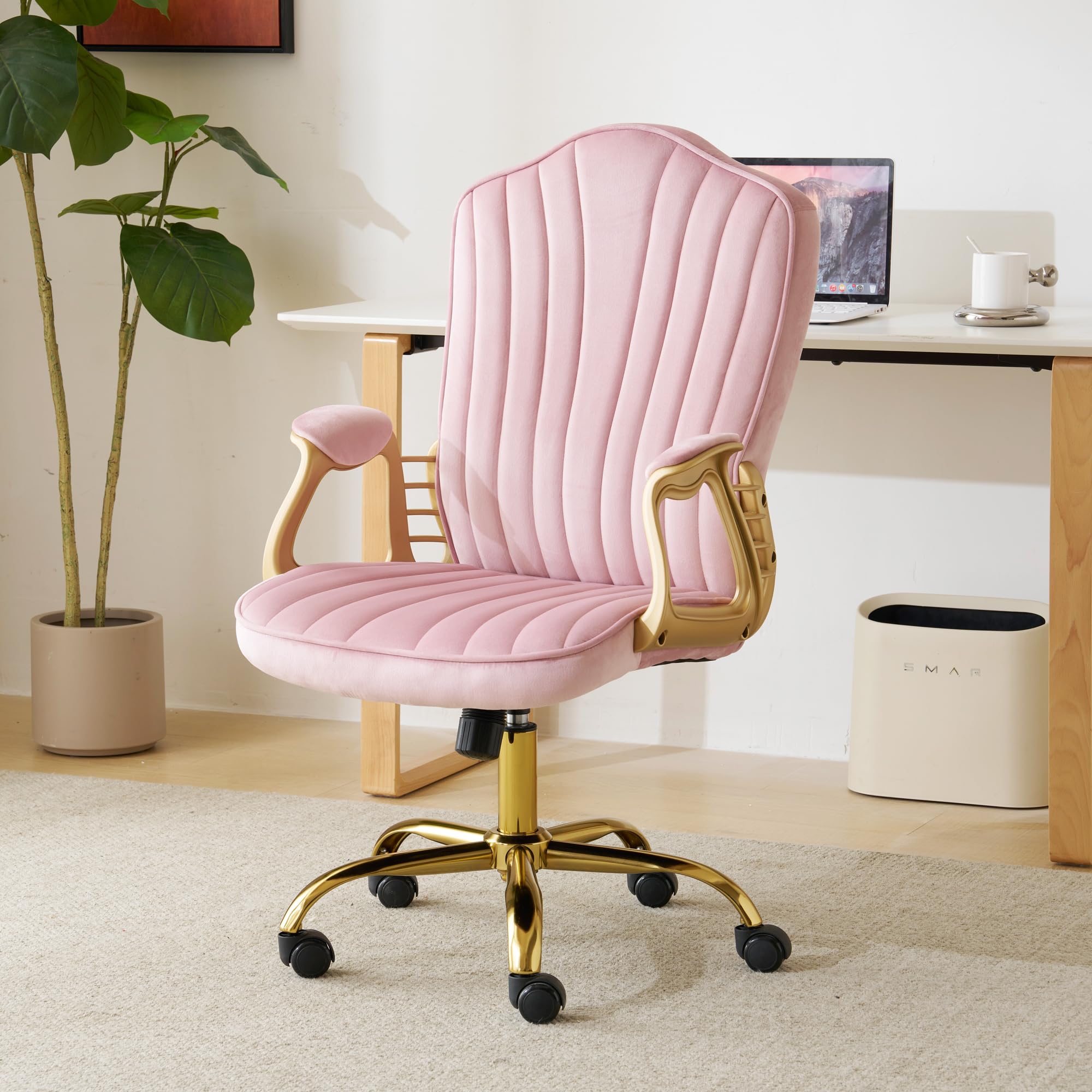 cayglow Velvet Home Office Chair with Gold Arms and Legs, Comfortable Upholstered Tufted Swivel Desk Chair Comfy with Wheels for Girls Women Study