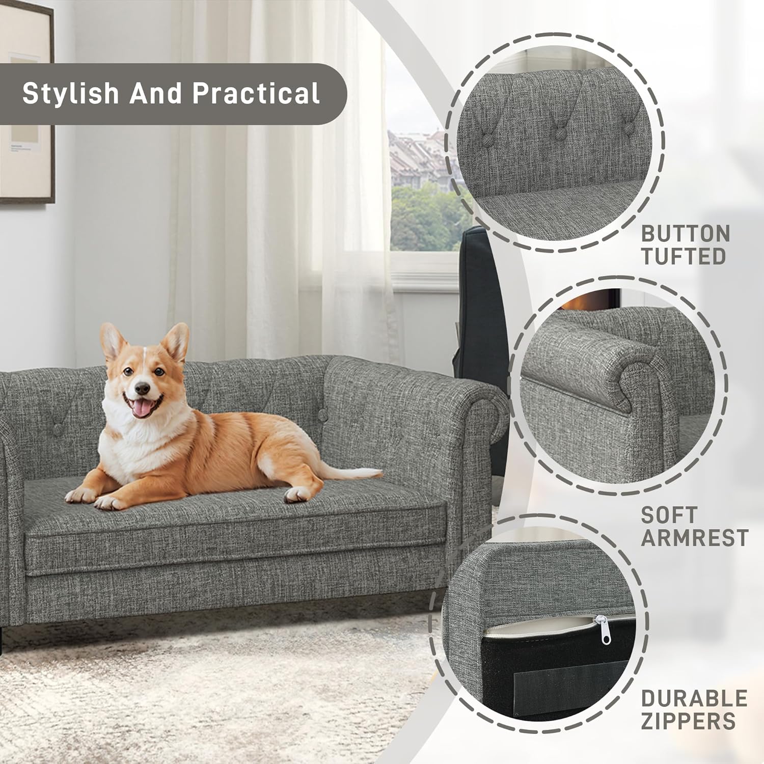 Dog Sofa Couch for Medium Dogs, Memory Foam Dog Bed with Washable Fabric, Durable Elevated Pet Sofa Couch with Legs, Removable Cushion for Medium Dogs, Light Grey