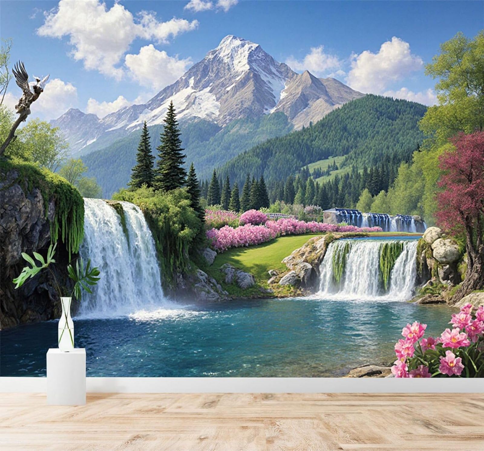 XLMING Beautiful Mountain Scenery Waterfall Pine Trees Blooming Flowers 3D Wallpaper Premium Textured Silk Study Dining Living Room Bedroom Sofa TV Wall Easy Install-200cm×140cm