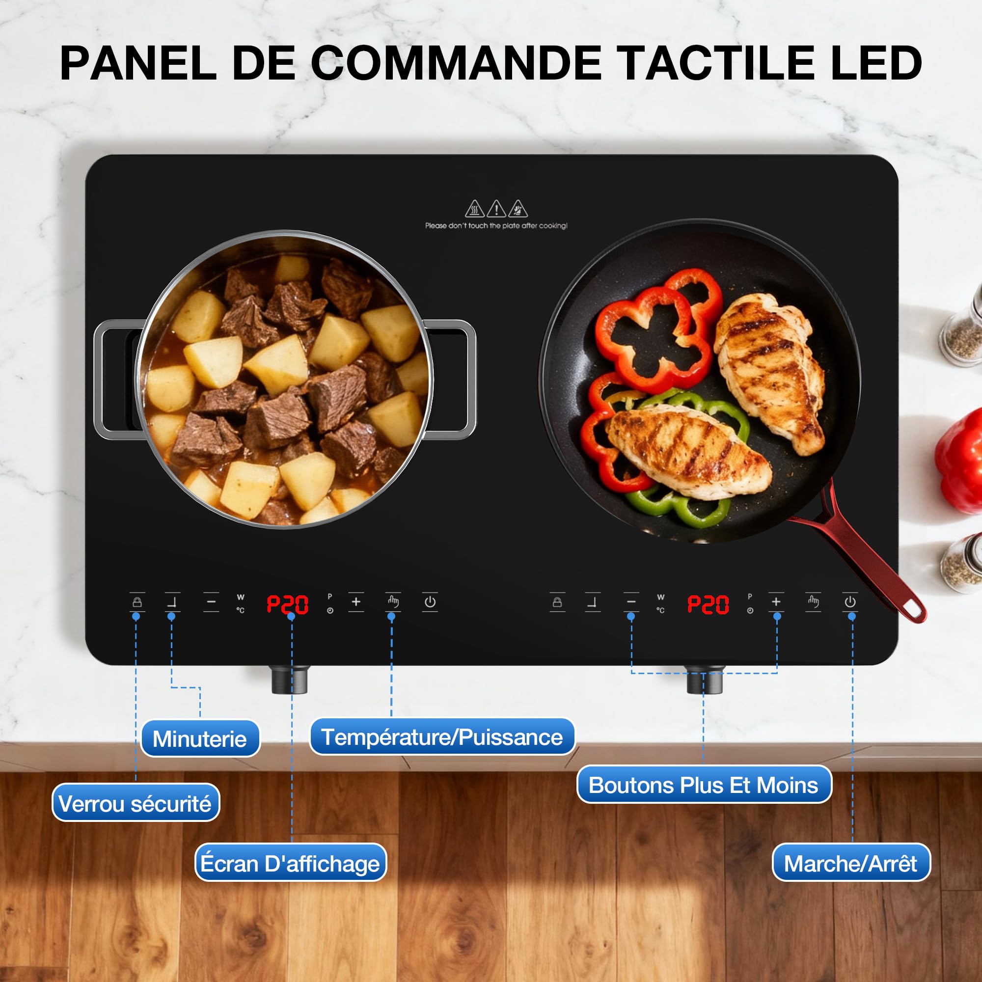 Induction Hob with 2 Burners 3600 W, 57 cm Electric Hob with Touch Control and Wheel Control, 20 Levels, Child Safety, Stove for Kitchen and Apartment
