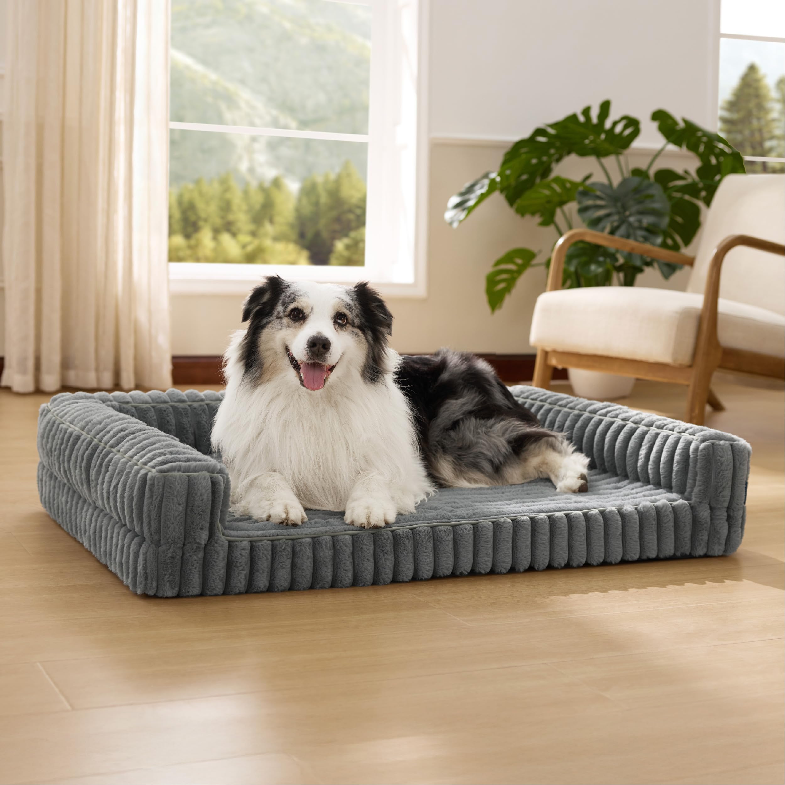 Bedsure ComfyFleece™ Orthopedic Dog Beds for Extra Large Dogs, Waterproof Memory Foam XL Pet Bed with Sides, Non-Slip and Egg-Crate Foam Big Dog Couch Sofa with Washable Corduroy Cover, Grey