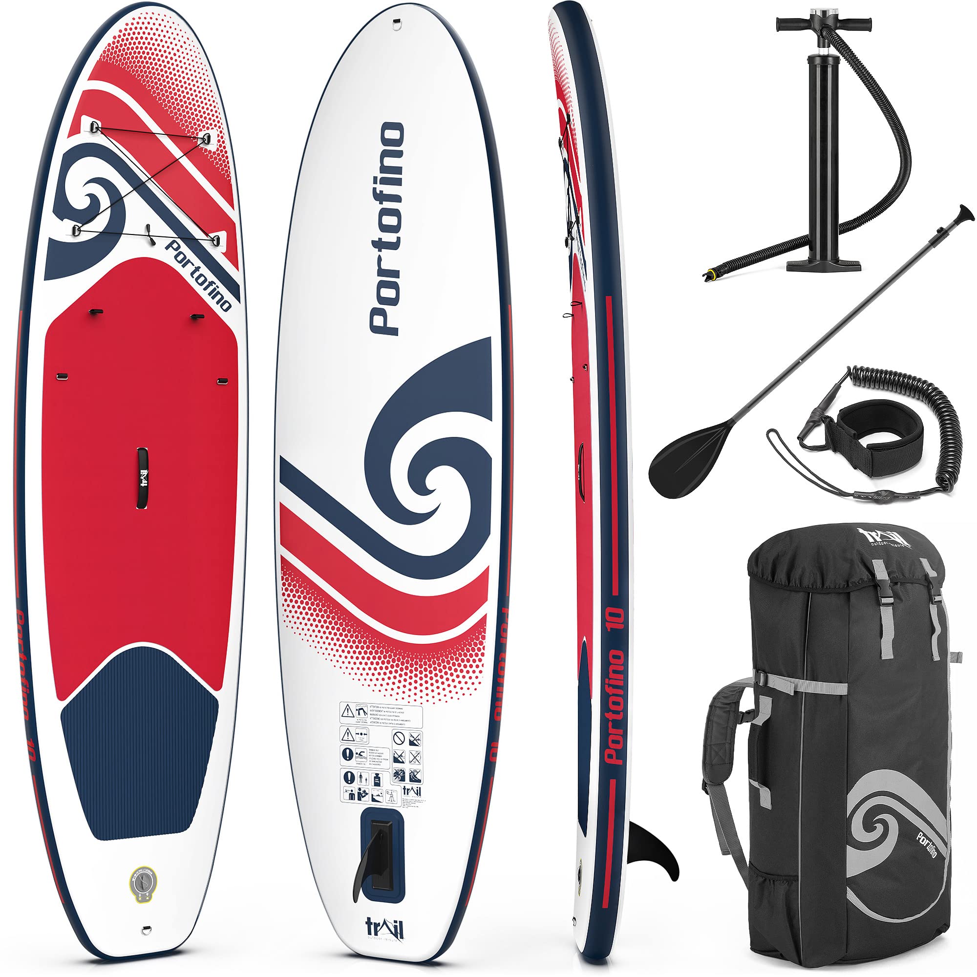 Trail Portofino Inflatable Stand Up Paddle Board, 10ft x 33” x 4.5” All Round SUP with Accessories (Backpack, Adjustable Aluminium Oar, Pump, Pressure Gauge, Leash and Removable Fin)