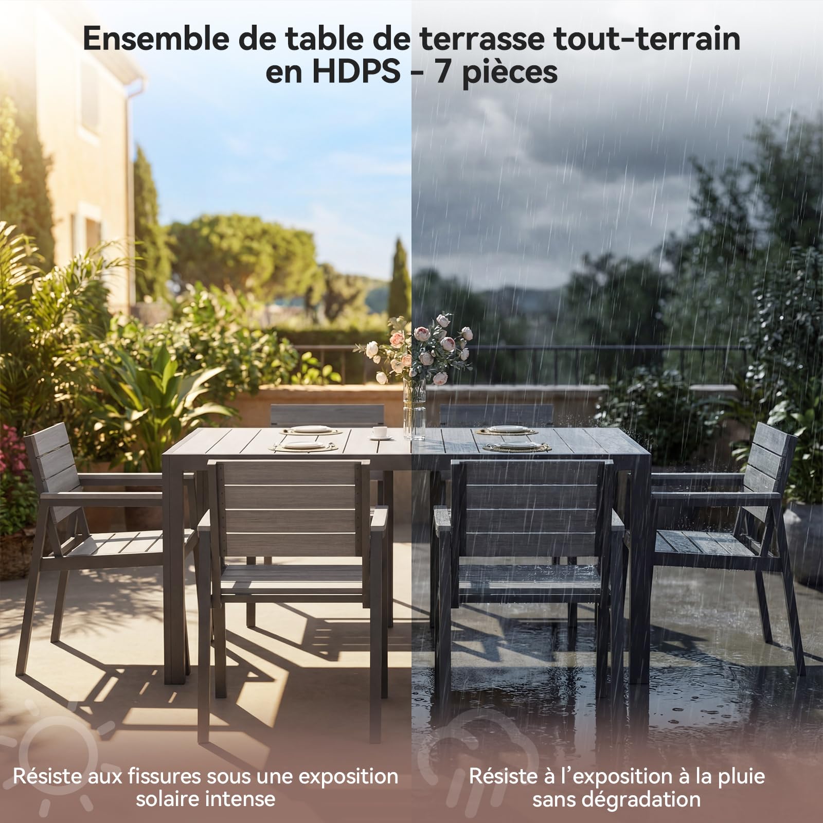 Devoko HDPS Conjunto de jardín de exterior de 7 piezas, resistente a la intemperie,con mesa de 150 cm y 6 sillas de jardín de exterior de aluminio,acabado imitación madera y fácil mantenimiento (gris)