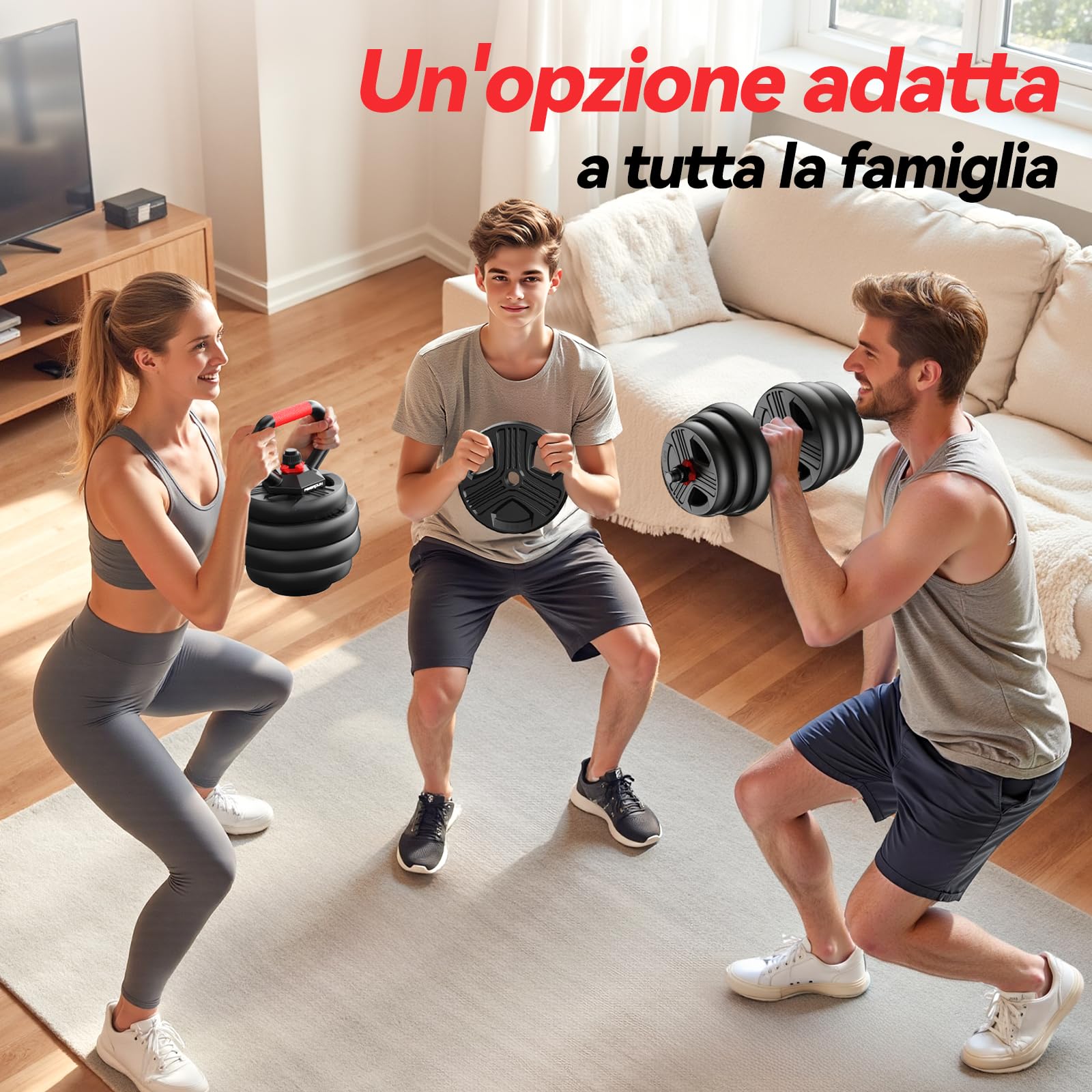 Set di 2 Manubri Regolabili, 10/15/20/25/30/40 kg, Set di Pesi con Dado Rinforzato, Set di Pesi 5 in 1 Utilizzabile Come Kettlebell, Bilanciere e Supporto per Flessioni