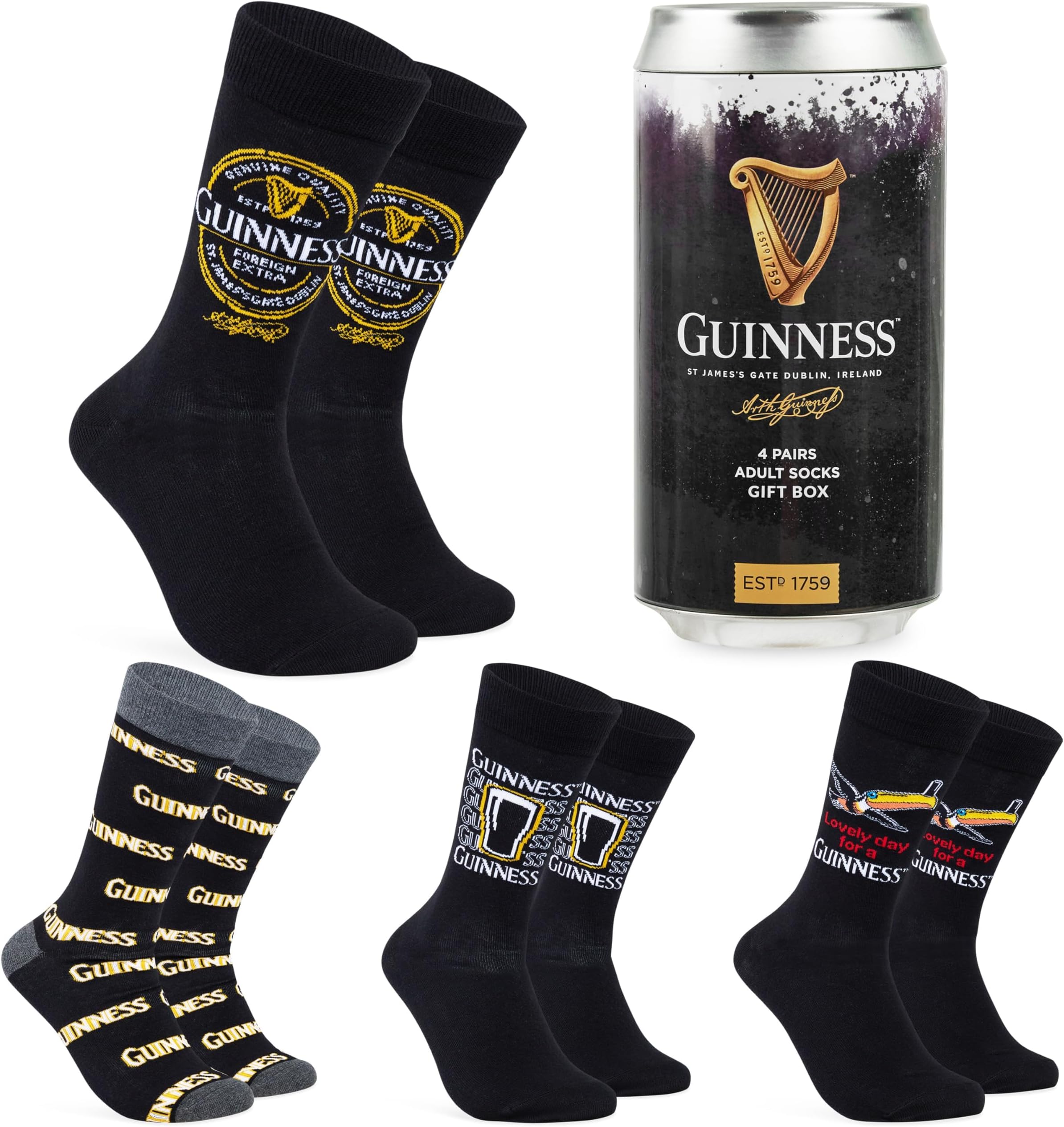 Guinness Gifts for Men Pack of 4 Calf Socks in a Can Soft Cotton Rich Socks Gifts for Boyfriend Husband Irish Gifts