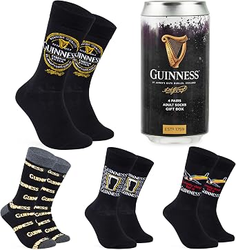 Guinness Mens Crew Socks Pack of 4 Black Soft Rich Cotton Socks Gifts for Men