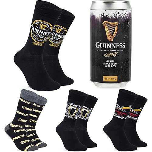 Guinness Men's Crew Socks Pack of 4 Black Soft Rich Cotton Socks Gifts for Men