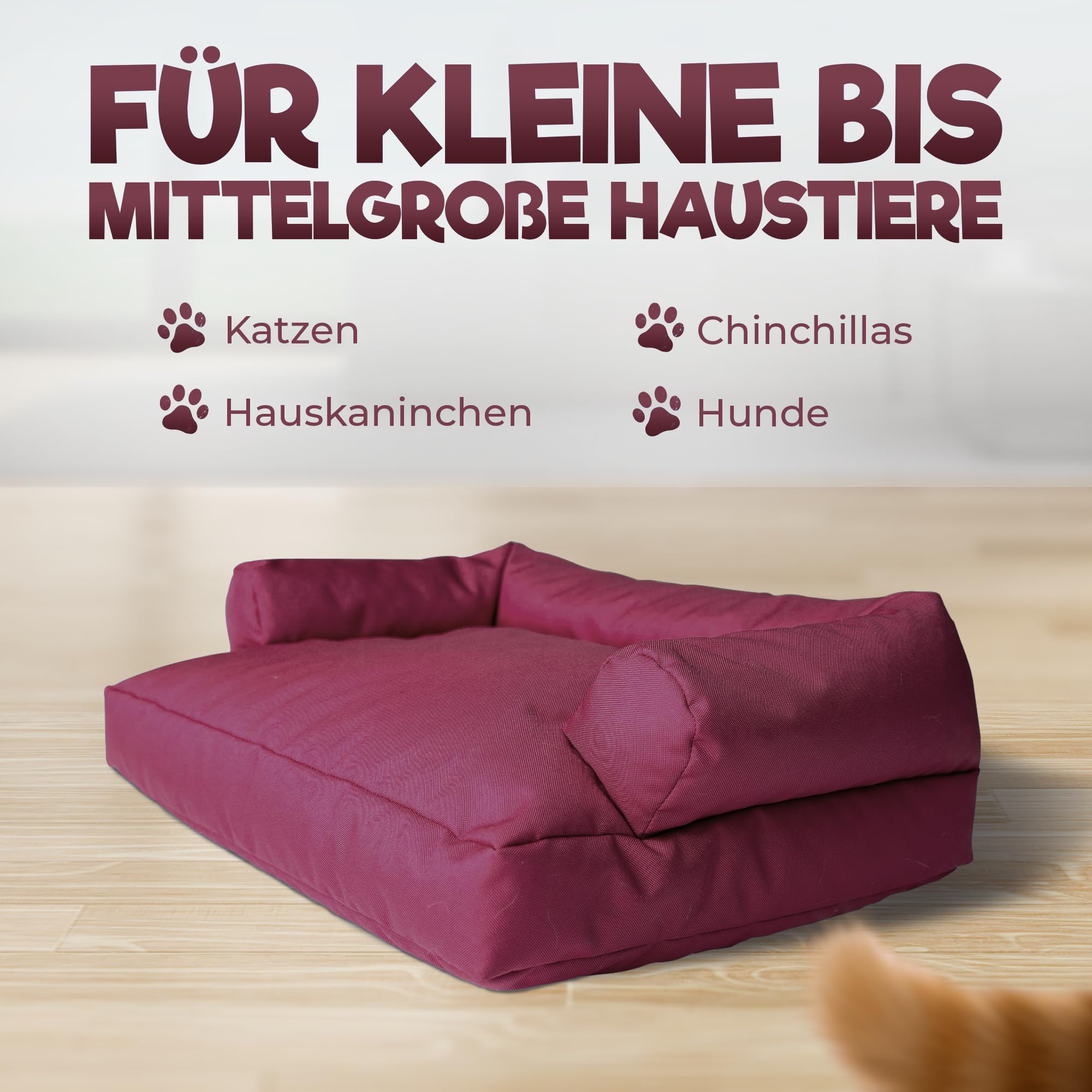 PATCH HOME Katzenbett – Oeko-TEX Zertifiziert – Katzenmöbel – mit recyceltem Styropor gefüllt – Katzensofa – Made in Germany – 50x40x15 cm – Weinrot