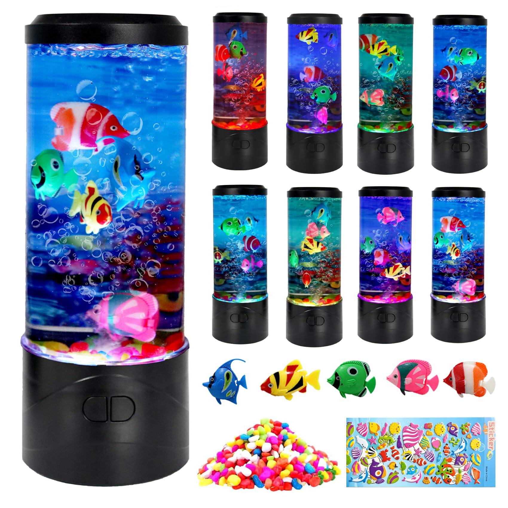 Toycol Lámpara de peces falsos de burbujas, lámpara sensorial para acuario con 5 peces falsos en movimiento y luz de 7 colores, tanque de peces falsos alimentado por USB, luz nocturna para relajarse y