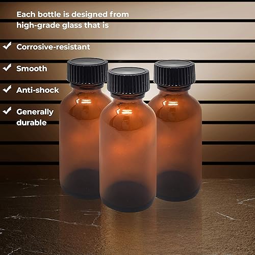 Miniatura 6 de Botellas de vidrio ámbar de 1 oz (1.0 fl oz), paquete de 12 botellas vacías recargables con tapa negra, botella de aceites esenciales a prueba