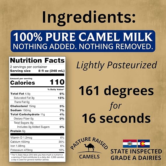 100% Natural Camel Milk Grade A, Fresh Frozen Pints Pure & Nutritious, Lightly Pasteurized From U.S. Camel Dairy (12 Pack)