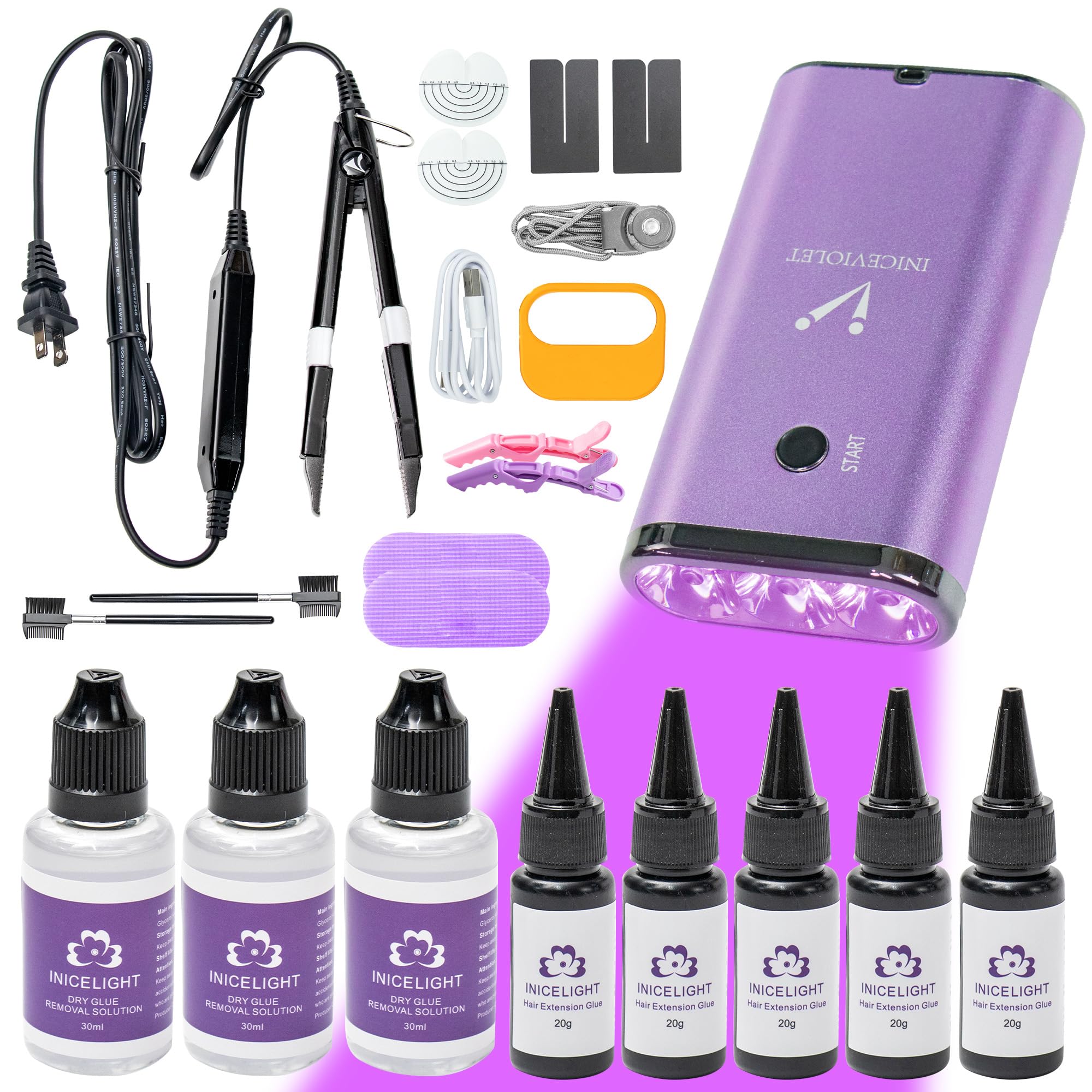 Inicelight V light hair extensions kit Pro, V Light hair extension tools set, V light machine*1 V light hair removal tool*1 v light hair extensions glue*5 glue remover *3