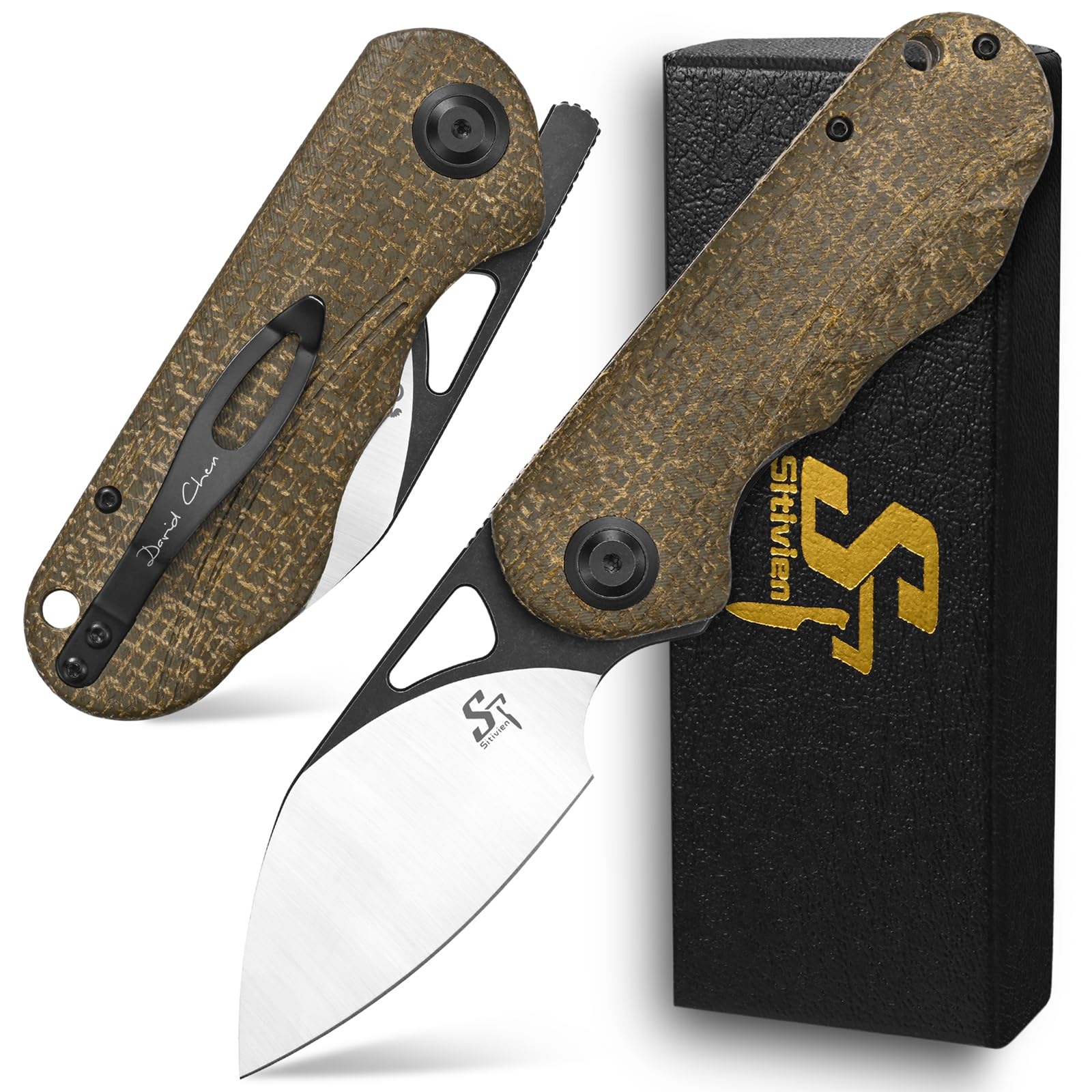 Sitivien ST156 Pocket Folding Knife, Sandvik 14C28N Steel Blade with Micarta Handle,Chinese Zodiac Series EDC Tool Knifes for Camping Hiking Survival Fishing(Green)