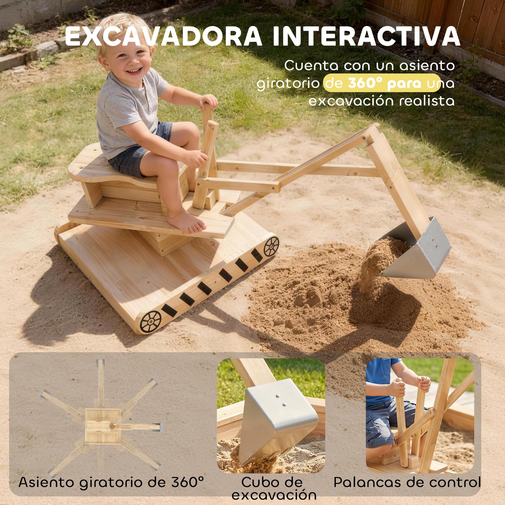 AIYAPLAY Arenero para Niños de Madera con Excavadora, Arenero Infantil con Asiento Giratorio 360° y Forro de Tela no Tejida, sin Motor, Caja de Arena para Niños de 3-6 Años, 184x90x56 cm, Natural
