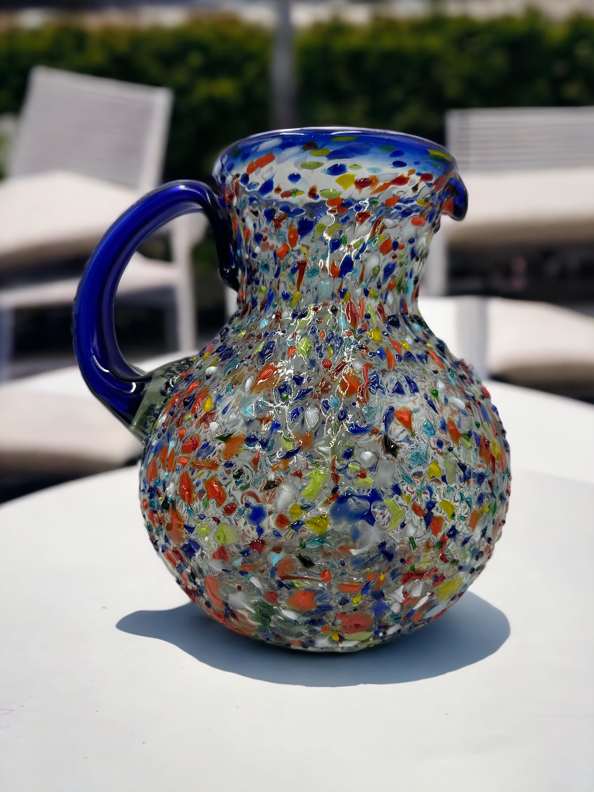 Blue Rim Handblown Mexican Glassware Set | 7-Piece Margarita Glasses and Textured Pitcher