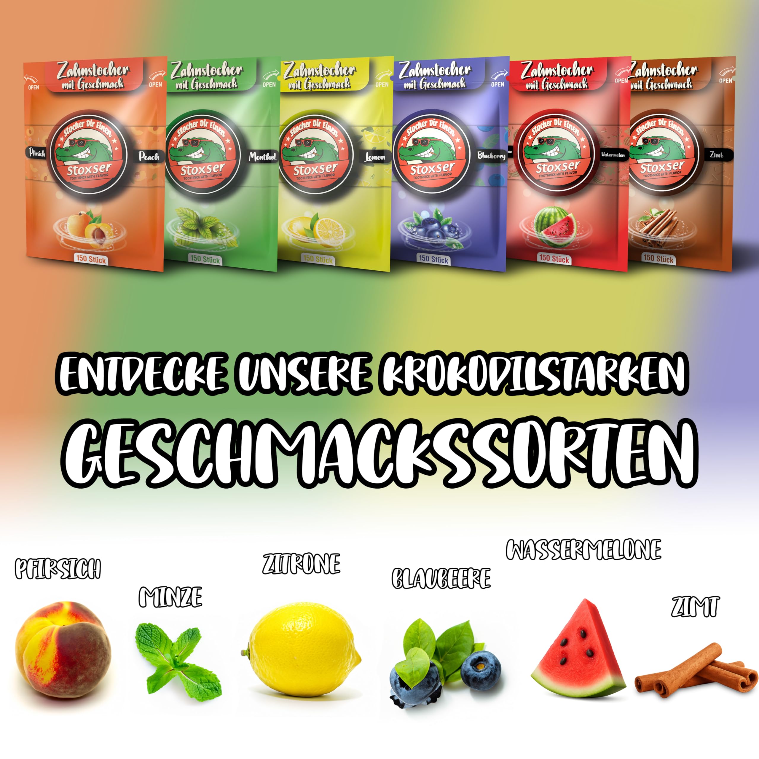 Stoxser 900x Zahnstocher mit Geschmack 6er Pack Pfirsich und Blaubeere und Zitrone/Lemon und Mint/Menthol Wassermelone/Zimt Geschmacksrevolution Zahnstocher Geschmack Kein Kaugummi Zuckerfrei