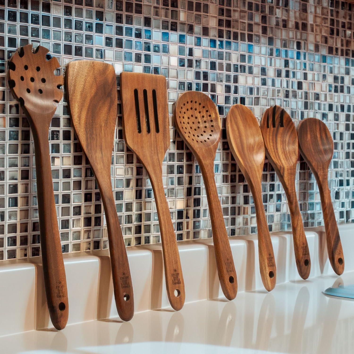 9 Piece Natural Teak Wooden Kitchen Utensil Set with Spoon Rest, Utensil Holder, Hanging Hooks, Heat Resistant, Non-Scratch Tools for Nonstick Cookware
