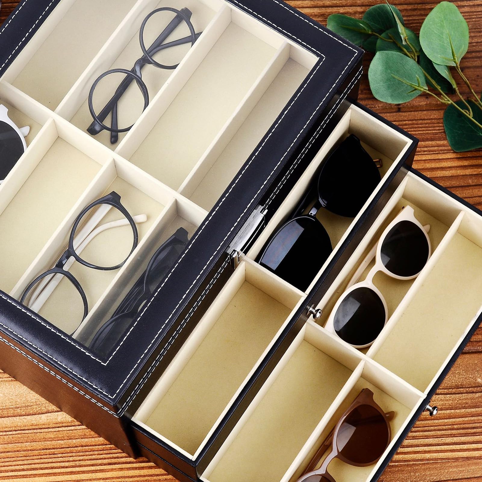24 Pezzi di Occhiali da Sole Organizzatore di Occhiali Multipli Vetrina per Occhiali a 3 Livelli Scatola di immagazzinaggio Collezione di Cuoio Titolare con cassetto