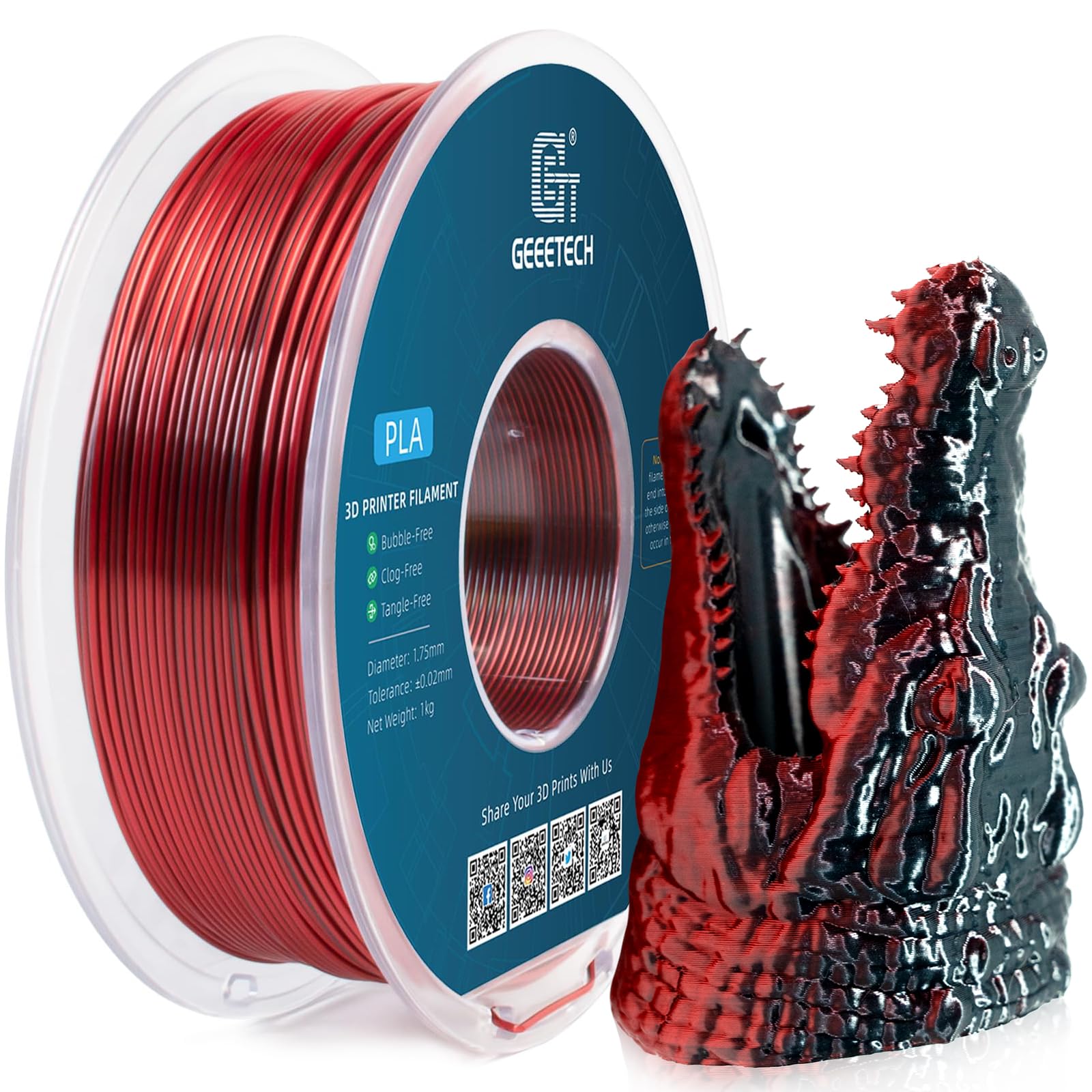 GEEETECH Filament PLA, Silk Dual Color Filament 1,75 mm, 2 kg do drukarki 3D, jedwabny czarny i czerwony