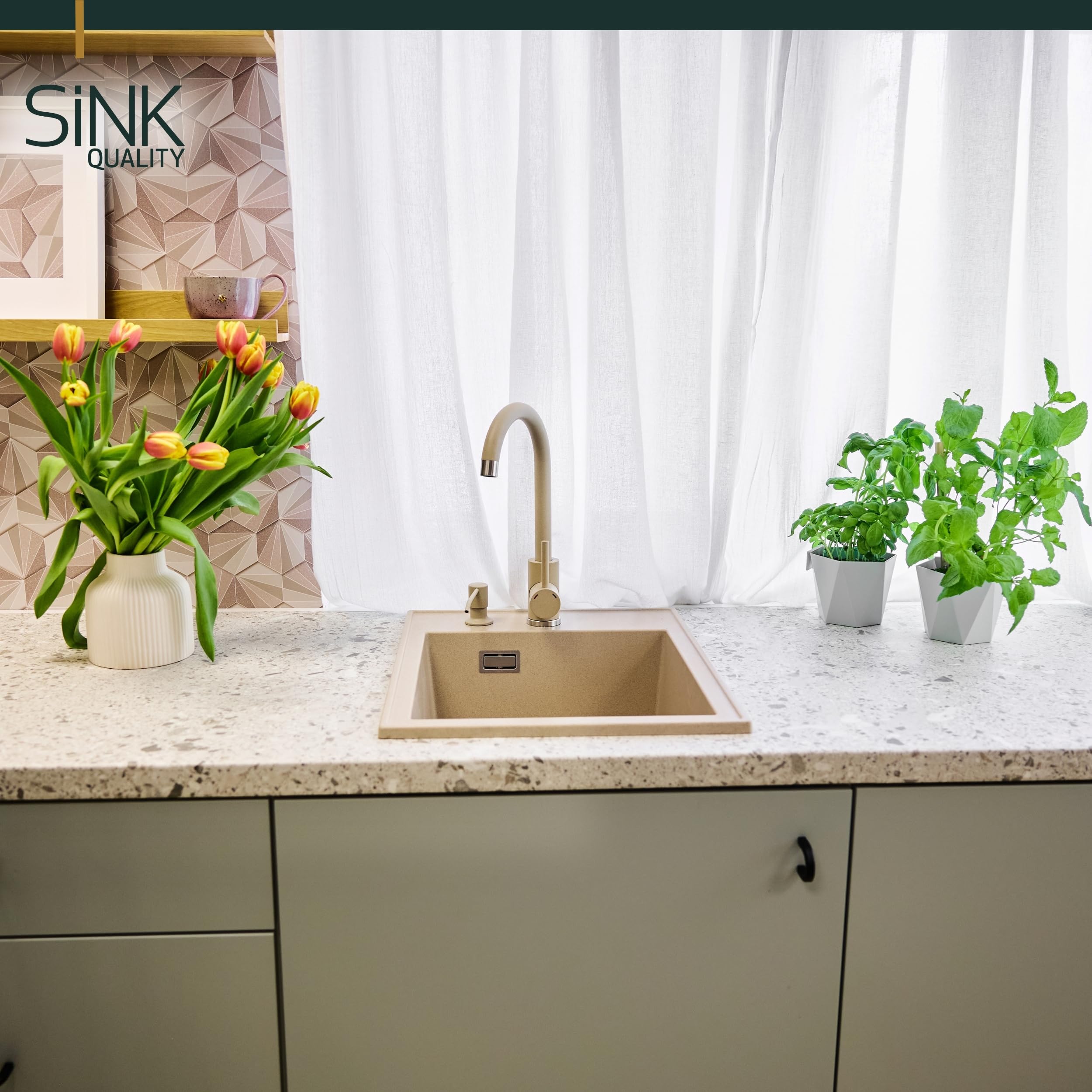 SINK QUALITY Lavello Beige 40x50 cm in granito beige con sifone e impregnazione, lavello senza scolapiatti, piccolo lavello per cucina per armadi bassi a partire da 40 cm di larghezza