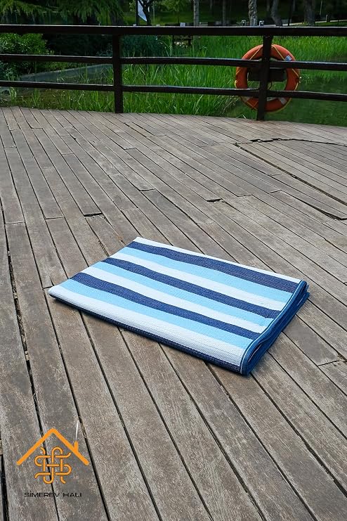 Hasır Savan Mat Plaj Kamp Piknik Bahçe Balkon Teras Yıkanabilir Katlanabilir Kilim MAVİ 180 x 270