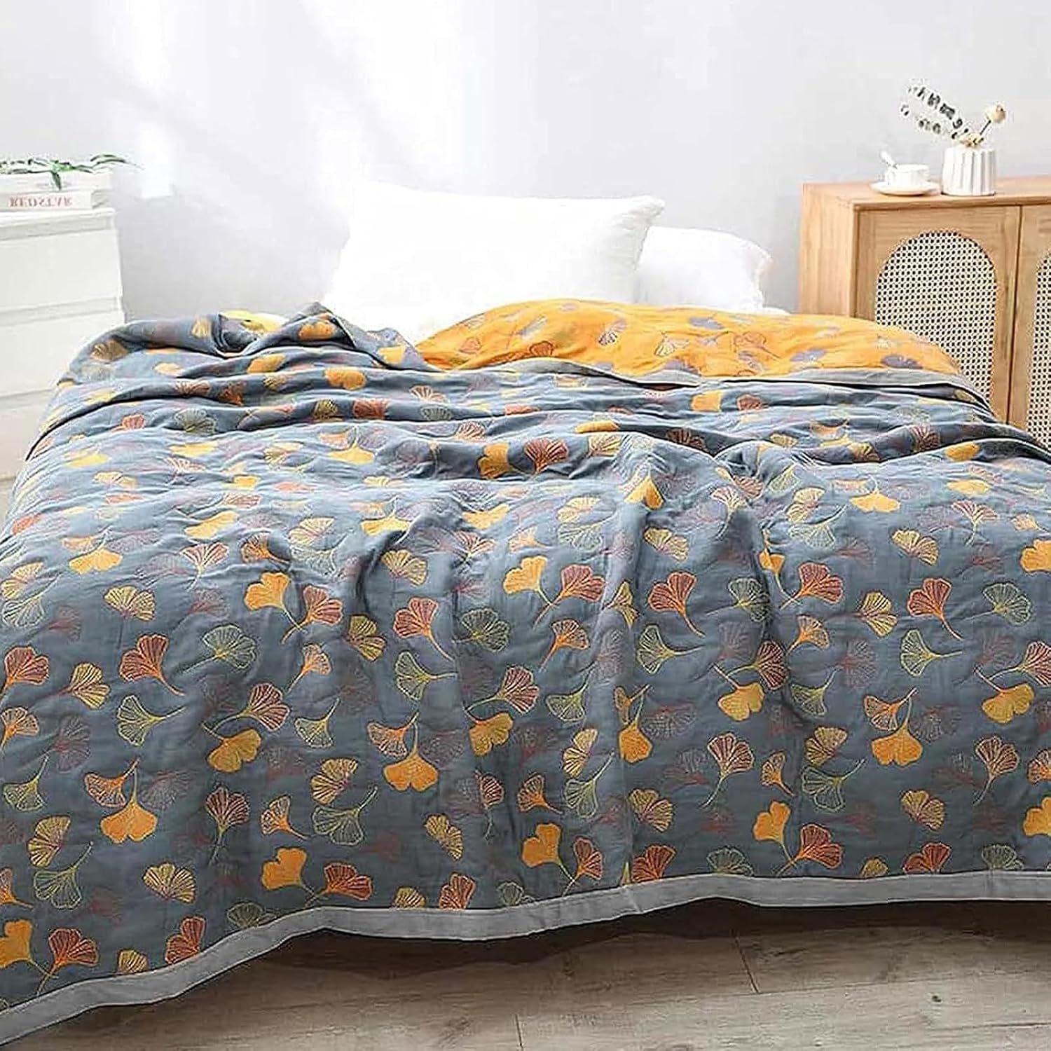 Reversible Quilt - Ginkgo Quilt - Breathable Lightweight Ginkgo Leaf Pattern Cotton Quilt - Ultra Soft Multifunctional Washable Fade-Resistance Skin-Friendly Full Seasons Quilt 59" W X 79" L (S)
