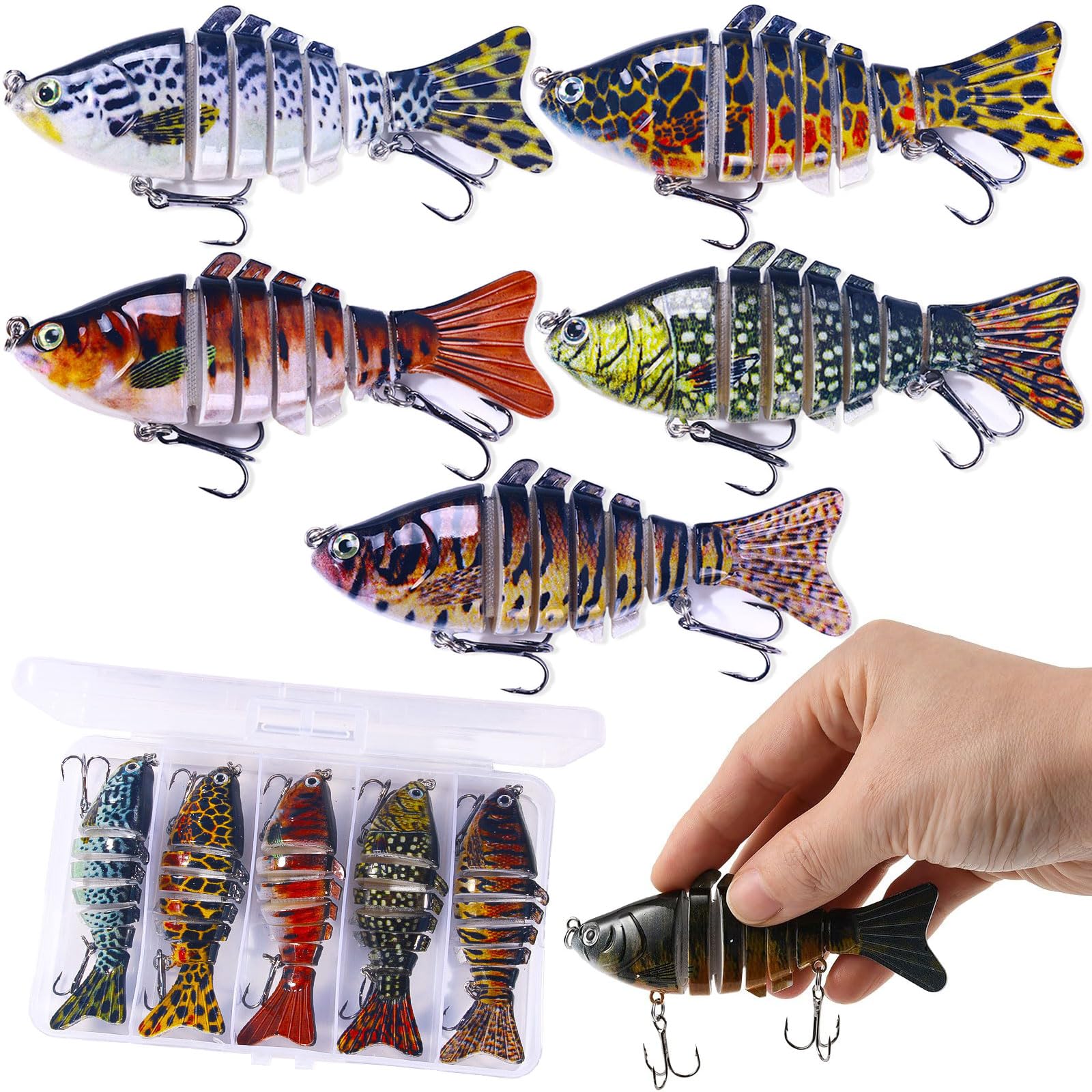 5 Pack Multi Jointed Swimbaits Fishing Lures Pike Fishing Lures 3D Realistic Lifelike Fishing Lures with Treble Hooks 7 Segment 3D Artificial Fishing Tackle Pike Lures Set for Bass, Trout (C)