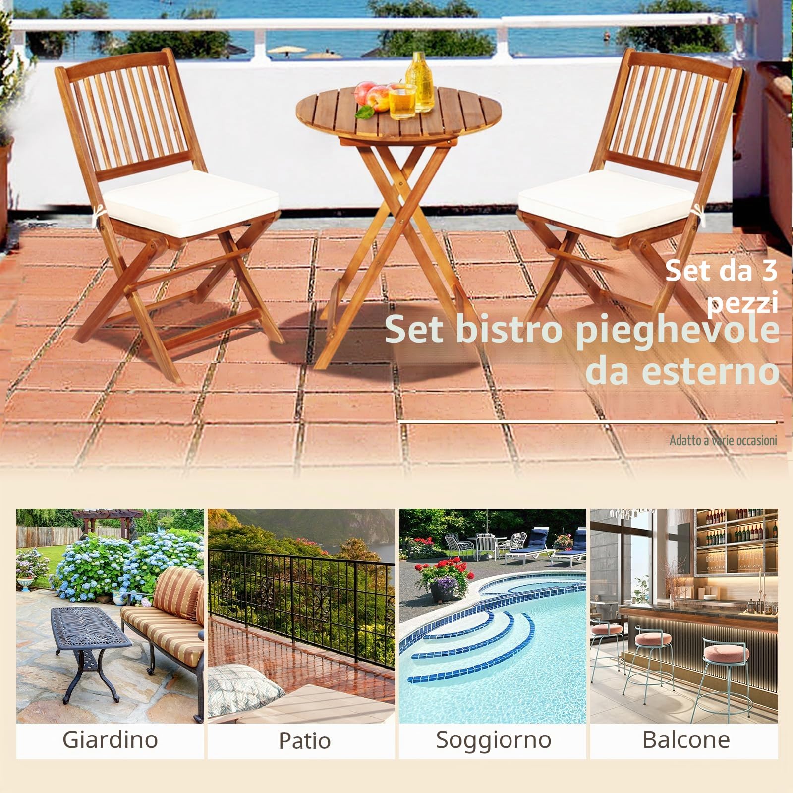KOMFOTTEU Set da Bistrò Pieghevole, Tavolo Portato 40 kg, Sedie con Cuscini Portato 160 kg, Set Giardino, Set Tavolo e Sedie da Giardino, Set da Esterno per Balcone (Cuscini Beige)