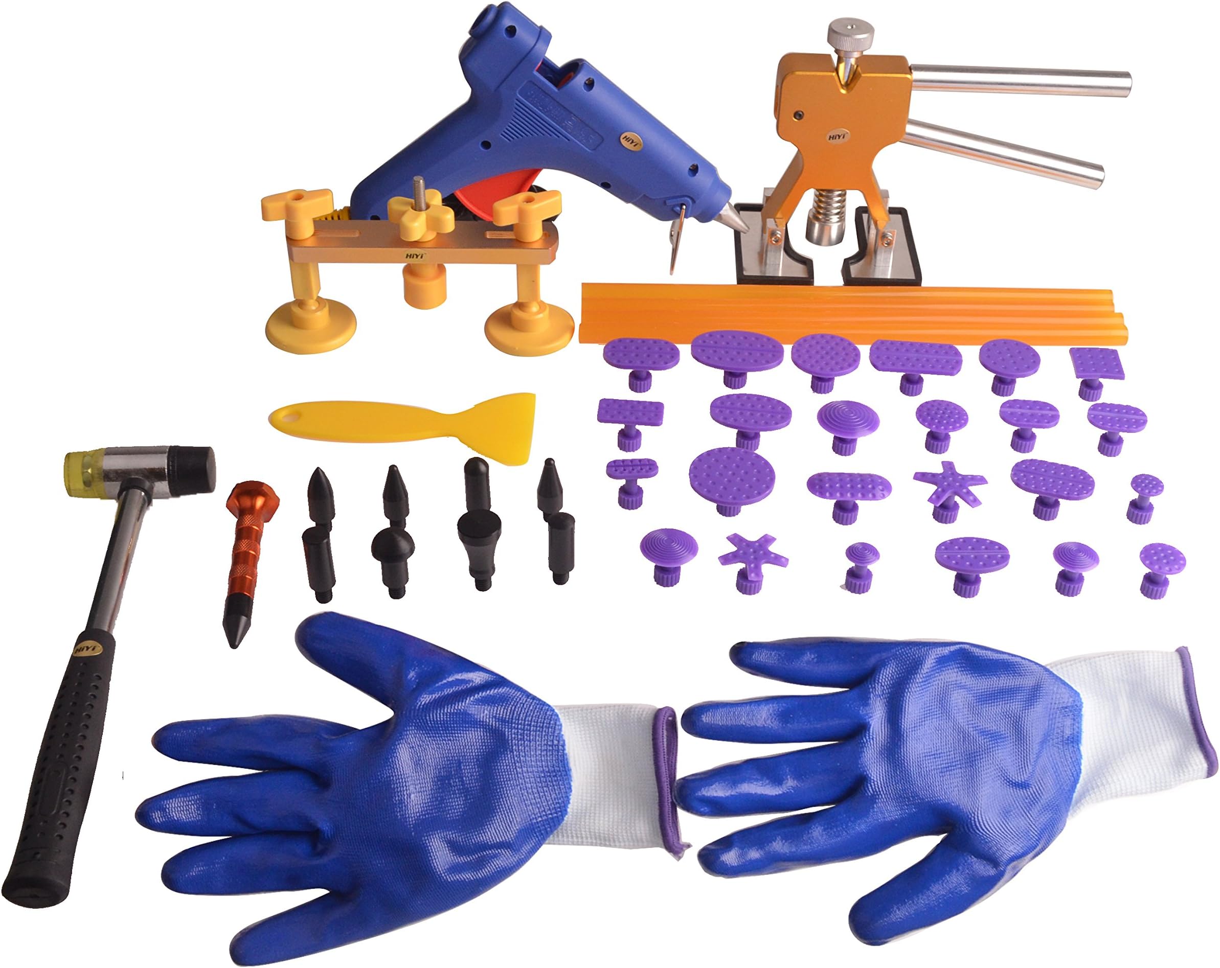 HiYi PDR Kit 44pcs Auto Body Dent Repair Tools Car Dent Remover Glue Gun Sticks Dent Lifter Bridge Puller Glue Tabs Rubber Hammer Metal Tap Down