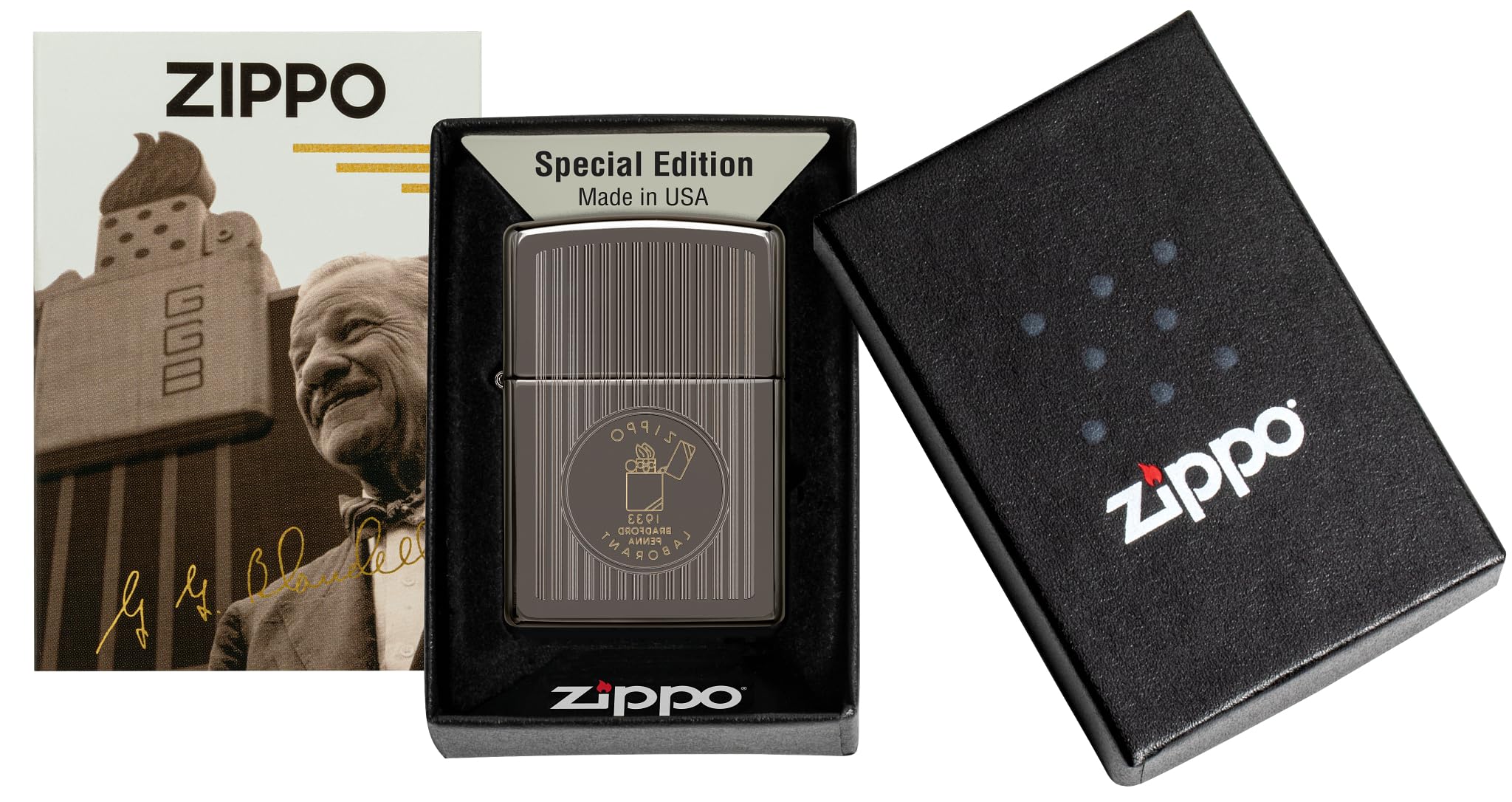 Zippo Sturmfeuerzeug - Founder's Day, Black Ice, Laser Two-Tone - Nachfüllbar - Wiederverwendbar - Windfestes Design - Geschenkbox - Made in USA