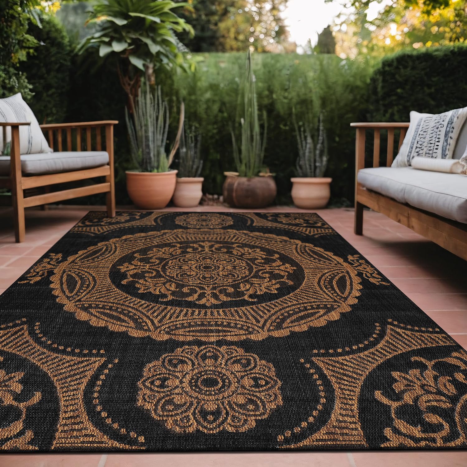 Luul Home Medallion Outdoor Rug 5x7 Washable Outside Carpet for Indoor Patio Porch Waterproof Easy Cleaning Non Shedding Area Rugs Nut Brown 5 x 7