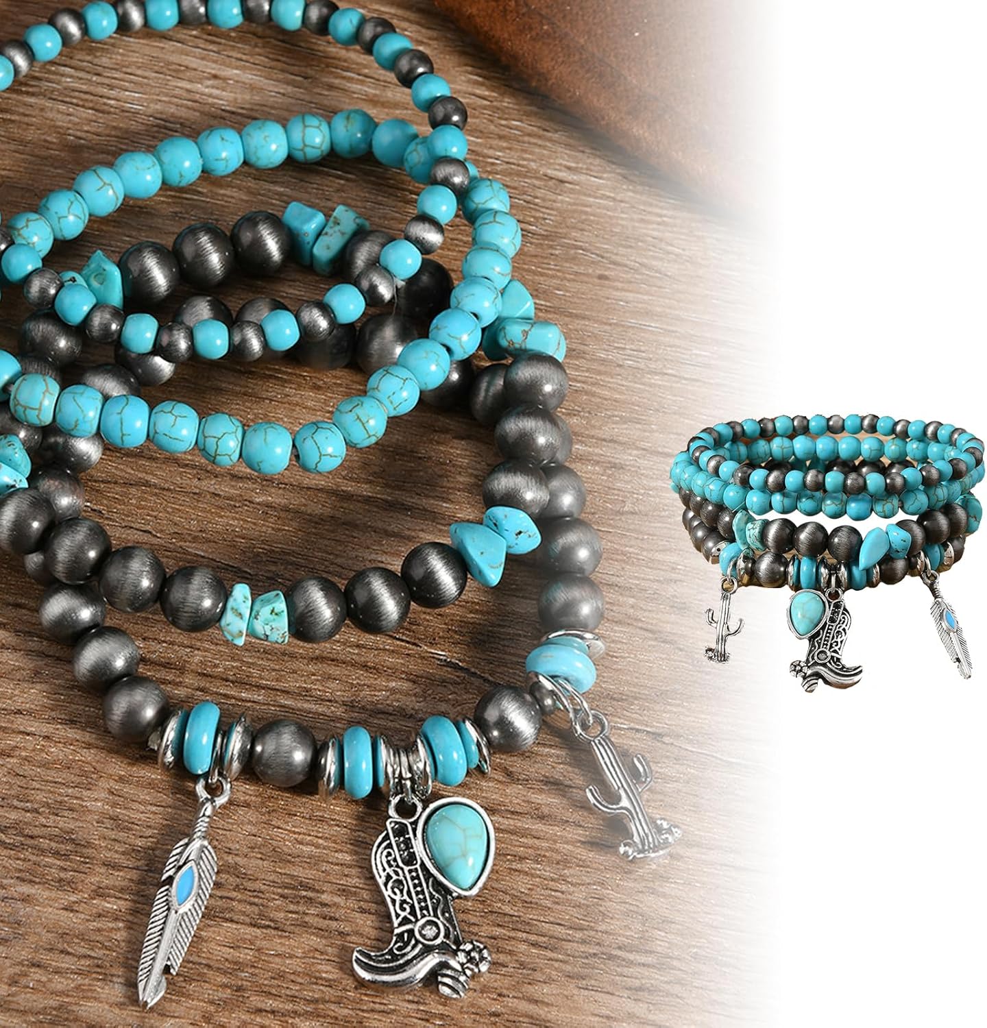 Turquoise Beaded Bracelets, Western Bracelets for Women Bohemian Stackable Boots Bracelets Vintage Country Outfit Accessories - Image 3