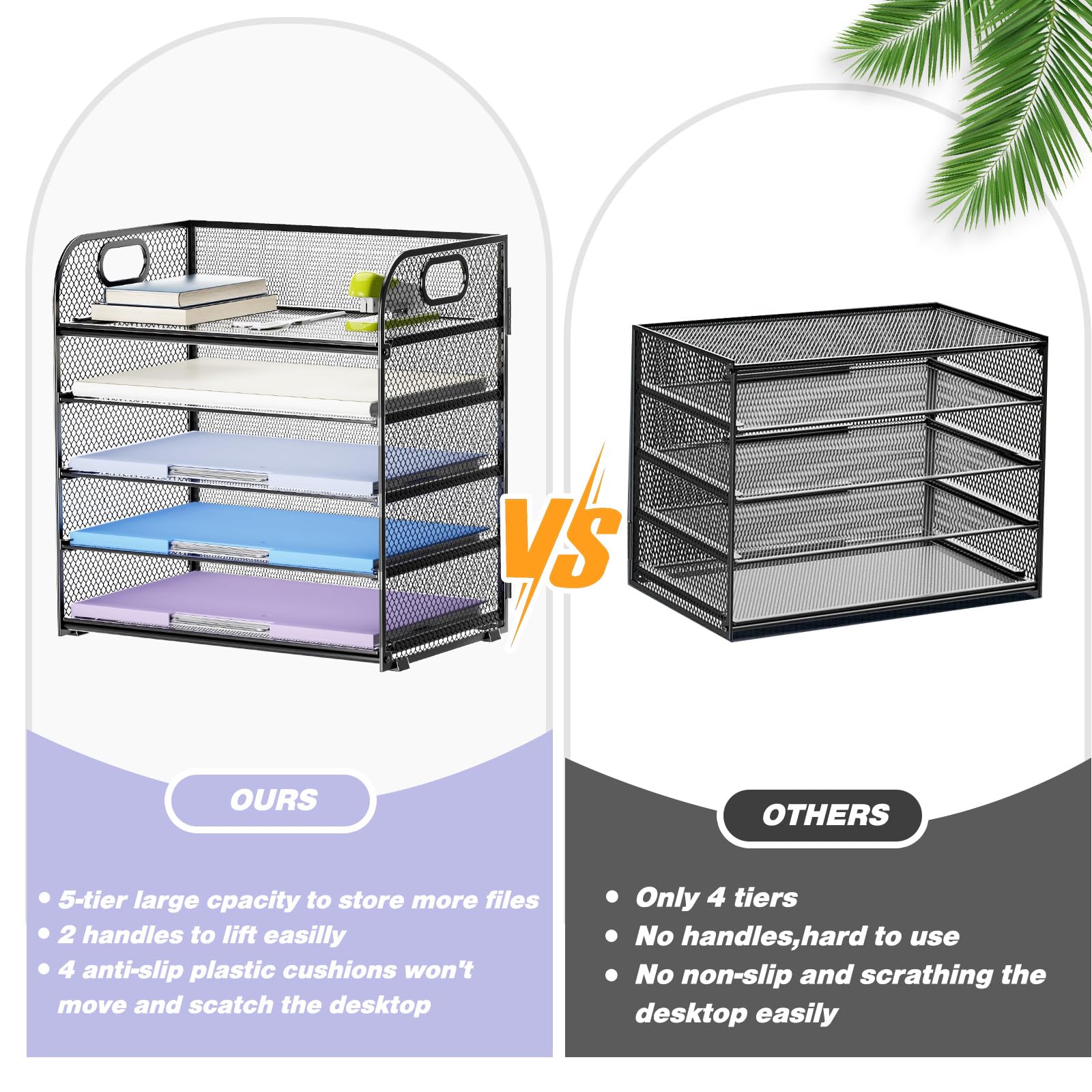 Mesh Letter Tray Organiser - 5 Tier Paper Organizer, Mesh Desk Organiser with Handle, Black File Document Holder A4 Filing Trays, Desk File Rack Paper Letter Tray Organizer for Home Office School - Image 2